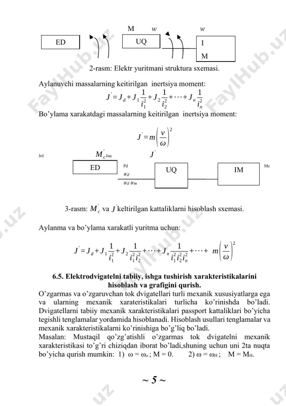 ma-ket qo'zg'atishli dvigatelni ishga tushirish xarakteristikasi. pog'ona qarshilikning qiymatini aniqlash. rt1 = 0.87 om ; rt2 = 0.65om ; rt3= 0.43 om . reostat pog'onalarining qarshiliklari rp1=rd+rt1+rt2+rt3=0.079+0.84+0.62+0.33=1.81 om rp2=rd+rt2+rt3= 0.079+0.62+0.33=0.95 om rp3=rd+r=0.079+0.33=0.409 om reoatatning to'la qarshiligini hisoblang. rp=rt1+rt2+r=0.87+0.65+0.43=1.87 om 6.6 dvigatelni tormozlash xarakteristikalarini qurish va tormozlash qurilmasini hisoblash. elektr yuritmani to’xtatish yoki reverslashda elektrodvigatelni elektr tormozlash qo’llaniladi. dvigatelni teskari ulab tormozlash va dinamik tormozlash usullari keng qo’llaniladi. dvigatelni teskari ulab tormozlash ikkita holatda amalga oshirilishi mumkin: a) tashqi kuchlar,aktiv qarshilik moment bilan, hisobiga tormozlash, masalan yukni tushurishda; b) reverslash, dvigatel momentini yo’nalishini o’zgartirsh, bunga o’td da yakor kuchlanishining qutblarini olmashtirish yoli bilan erishiladi m = kф(-iy) = -mt 3 fazali asinxron dvigatellarda esa ikkita fazasini o’rnini olmashtirish bilan m = [m (i2)2 r2]/ (-ω0)s = -mt bu erda, m- fazalar soni. dvigatelni teskari ulab tormozlashda o’tdni yakoriga (adni rotoriga) qo’shimcha qarshilik ulash shart. odatda tormozlash bir pog’onali bo’ladi. elektrodinamik tormozlash …