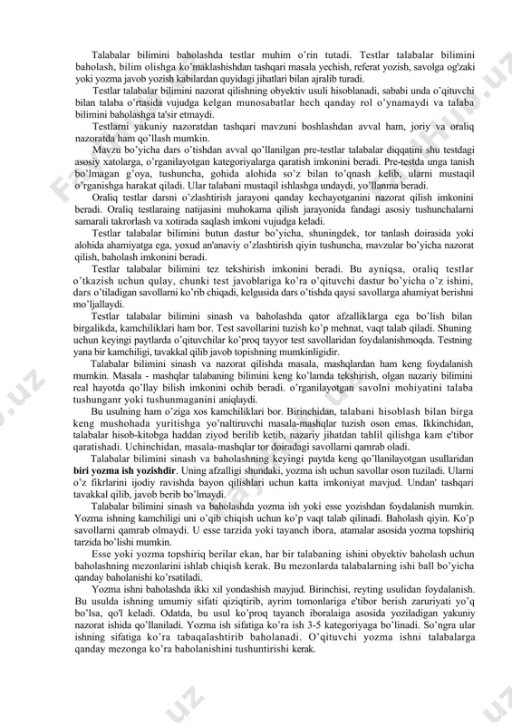 g 30 foizi miqdorida belgilanadi. yakuniy baholash semestrp yakunida o’tkazilib, yakuniy baholashda talabaning bilim, ko’nikma va malakalari ishchi o’quv dasturidan kelib chiqqan holda, fanning umumiy mazmuni doirasida baholanadi. yakuniy baholash o’g’zaki so’rash, amaliy topshiriqlarni mustaqil bajarish, suhbat, yozma ish, masala-mashq yechish yoki test otkazish usulida amalga oshiriladi. · talabalar bilimini reyting tizimi bo’yicha baholashning yozma ish usuli talabalarda mustaqil, ijodiy fikrlash, o’z fikrini yozma ifodalash ko’nikmalrini rivojlantiradi. yozma ish oraliq baholash, yakuniy baholash, yakuniy davlat attesttsiyasi kurslarida amalga oshirilishi mumkin. · yozma ish yakuniy baholash shaklida o’tkaziladigan bo’lsa, savollar kafedra tomonidan ishlab chiqilib, o’quv yili boshlanishida kafedra majlislarida muhokama etiladi va kafedra mudiri tomonidan tasdiqlanadi. yozma ish hajmi talabaning fan bo’yicha tasawuri, bilimi va amaliy ko’nikmasini baholash uchun yetarli bo’lishi zarur. uning hajmi kafedra tomonidan belgilanadi va fakultet kengashida tasdiqlanadi. yozma ishlarni baholash mezonlari kafedralar tomonidan ishlab chiqiladi. fan bo’yicha jb va ob turlarida talaba to’plashi mumkin bo’lgan maksimal reyting …