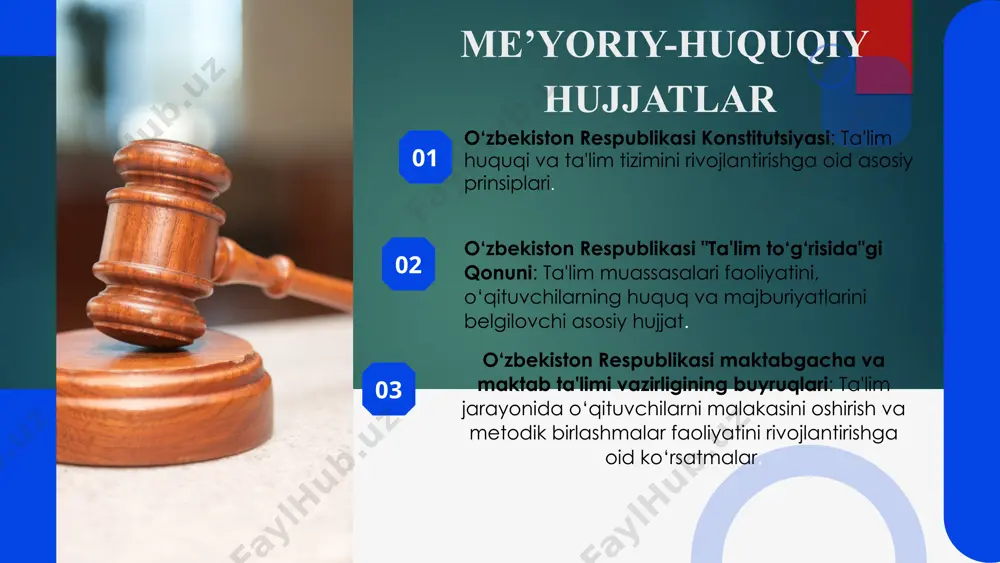 rgan kooperativ o‘qitish tizimi mavjud bo‘lib, bu metodik birlashmalarni samarali qiladi. mamlakatdagi fan o’qituvchilari va metodik birlashmalarni birlashtirgan platformalar tashkil qilish kerak va ularda tajriba almashishni yo’lga qo’yish kerak 3 o‘zbekistonda ta'lim sifatini baholash tizimi mavjud, ammo metodik birlashmalar orqali o‘qituvchilar faoliyatiga baho berish va samaradirolikni monitoring qilib borish tizimi hali to‘liq shakllanmagan. shvetsiya: shvetsiyada ta'lim tizimining samaradorligini doimiy ravishda monitoring qilish tizimi mavjud. o‘qituvchilar va metodik birlashmalar faoliyatining natijalari muntazam ravishda baholanadi va tahlil qilinadi. o‘qituvchilarning kasbiy faoliyatini baholash va ularni qo‘llab-quvvatlash uchun yangilangan tizimlar ishlab chiqilishi zarur takliflar hamkorlik ishlarini tizimli yo’lga qo’yish: turli metodik birlashmalar tomonidan tashkil etiladigan seminarlar va treninglarda o'qituvchilar yangi metodlarni o'rganishlari uchun imkoniyat yaratish. : o’zaro tajiba va axborot almahinuvini yo’lga qo’yish: har bir metodik birlashma o'z resurslari, materiallari va dars rejalari bilan o'rtoqlashishi, shuningdek, umumiy maqsadlar asosida birgalikda yangi materiallar ishlab chiqishi. natijalarni baholash va monitoring qilish: innovatsion baholash va monitoringlar orqal …