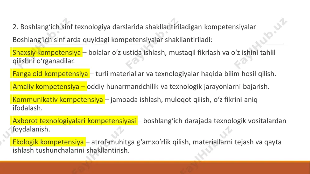 b bajarish orqali ko‘nikmalar shakllantiriladi. mustaqil ish – o‘quvchilar oldindan o‘rgangan bilim va ko‘nikmalardan foydalanib, topshiriqlarni bajaradi. 2.3. muammoli ta’lim metodlari muammoli savollar – o‘quvchilarni izlanishga, fikrlashga undaydi. tahlil qilish – berilgan masalani turli usullar bilan yechish yo‘llari o‘rganiladi. yaratgan mahsulotini baholash – o‘quvchilar o‘z ishlari ustida tahlil olib borib, ularni takomillashtirishga harakat qilishadi. 2.4. loyiha metodi o‘quvchilar ma’lum bir muammoni hal qilish yoki mahsulot yaratish uchun loyiha ustida ishlaydi. mustaqil izlanish va ijodiy yondashuvni rivojlantiradi. jamoaviy va individual shaklda bajarilishi mumkin. 2.5. axborot-kommunikatsion texnologiyalar (akt) asosida o‘qitish kompyuter dasturlari va internet resurslaridan foydalanish. virtual laboratoriyalar, simulyatsiyalar va multimedia materiallar orqali darslarni o‘qitish. masofaviy ta’lim imkoniyatlaridan foydalanish. didaktik jarayon tuzilmasiga ko’ra ta’lim metodlari 3 guruhga bo’linadi: 1. o’quv-bilish faoliyatini tashkil etish va bajarish metodlari; 2. o’quv- bilish faoliyatini rag’batlantirish va motivlash metodlari; 3. nazorat va o’z-o’zini nazorat (boshqarish) qilish metodlari. og`zaki bayon qilish metodi ikki formada mavjud bo’lishi mumkin: 1. …