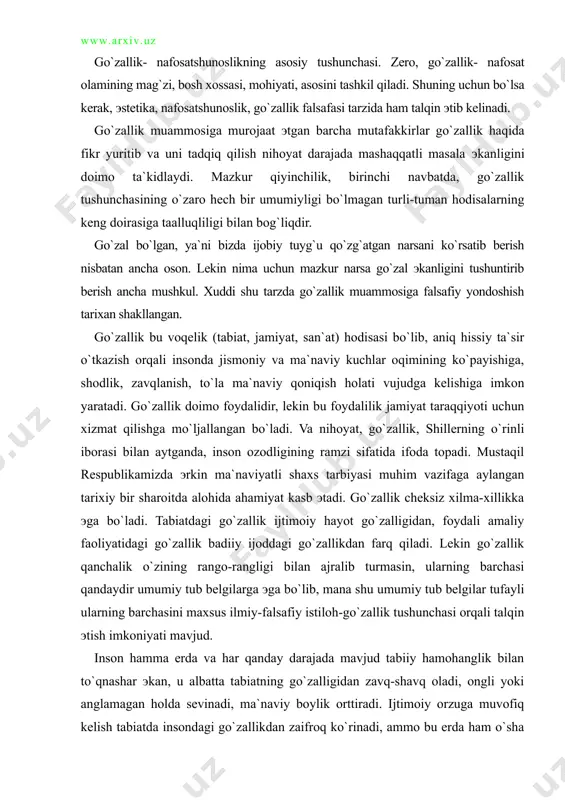 li talqin эtish imkoniyati mavjud. inson hamma erda va har qanday darajada mavjud tabiiy hamohanglik bilan to`qnashar эkan, u albatta tabiatning go`zalligidan zavq-shavq oladi, ongli yoki anglamagan holda sevinadi, ma`naviy boylik orttiradi. ijtimoiy orzuga muvofiq kelish tabiatda insondagi go`zallikdan zaifroq ko`rinadi, ammo bu erda ham o`sha qonuniyat amal qiladi. inson tabiatdagi u yoki bu davr, u yoki bu ijtimoiy guruh ijtimoiy orzusiga muvofiq keladigan hodisalarni go`zallik sifatida baholaydi. hamma vaqt tabiatga nafosatli munosabat va tabiatni nafosatli o`zlashtirish uni «insoniylashtirish», tabiat hodisalariga inson talab-эhtiyojlarini, maqsad-orzularini tadbiq эtish bilan bog`lanib ketgan. shu munosabat bilan bu erda atoqli yozuvchilarni tabiat manzaralari tasvirini rango-rang bo`yoqlarda inson qiyofasi, orzu-umidlari, intilishlari bilan uzviy-badiiy bog`lab ifodalashlarini эslatib o`tish o`rinlidir. (oybekning «navoiy» romani boshlanishi, qodiriyning «o`tgan kunlar» romanidagi otabekning marg`ilonga borib kelishi badiiy tasviri shular jumlasidandir). insonda tabiatga qanday munosabatda bo`lish tuyg`usi birdaniga paydo bo`lmagan, albatta, u sekin-asta, inson zoti va tabiati rivojlanib borgani sari shakllanib borgan, ibtidoiy …