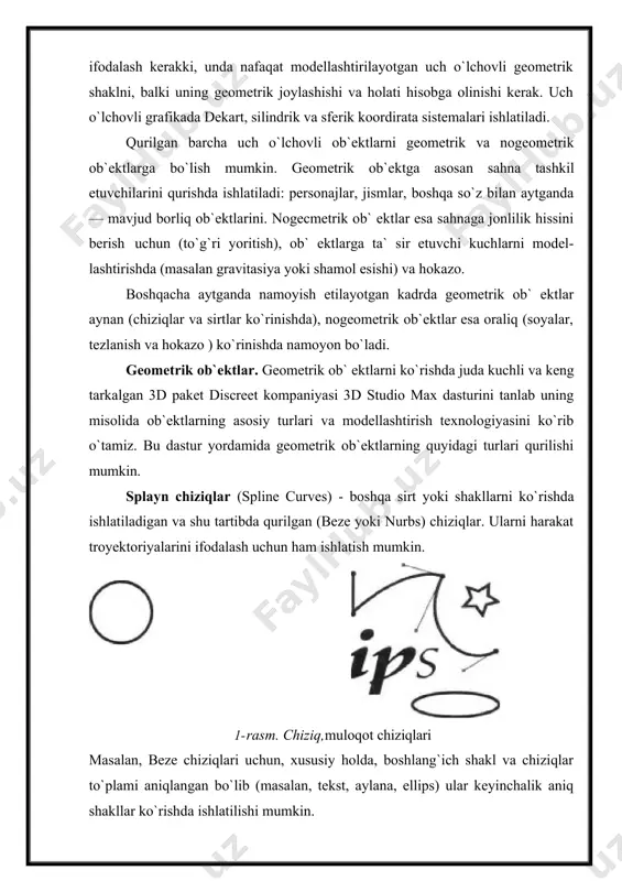 ) - oldindan tayyorlab qo`yilgan ikki yoki undan ko`p shakllardan tuziladi. qanday jism qurilishiga qarab oldindan tuzilgan shakllar chiziq yoki sirt bo`lishi mumkin. dinamik ob`ektlar (dynamic objects) — ularga qo`yilgan tashqi kuchlar ta`sirida harakatga keluvchi ob`ektlar: prujina va amortizatorlar. ular ob`ekt harakati dinamikasini modellashtirishda ishlatiladi. boshqa dasturlarda geometrik ob`ektlarni qurish va muharrirlashning shunga o`xshash yoki ulardan farq qiluvchi usullari qo`llaniladi. nogeometrik ob`ektlar. misol sifatida 3d studio max dasturini ko`rishni davom ettiramiz. quyidagi ob`ekt turlarini qarash e`tiborga loyiq. yoritish manbai (light objects) tashqi va ichki yoritishni ifodalashda ishlatiladi. ourli algoritmlar yorug`lik tarqatuvchi turli manbalarni yaratadi: bir nuqtadan barcha tomonga tarqaluvchi nur; projektordagi chiquvchi fokuslangan yorug`lik; yo`naltirilgan manbadan chiquvchi yo`naltirilgan nur. bunda manbalardan chiquvchi nur turli rangda bo`lishi, ma`lum masofadan keyin pasayishi shuningdek ob`ektlarning soyalarini hosil qilishi mumkin. 4- rasm. qismlar tizimi. 5-rasm. yoritishni tashkil etish kameralar (cameras) — kadr tekisligida ob`ekt aksini to`liq nazorat qilish imkonini beradi. uning eng asosiy tavsifi, …