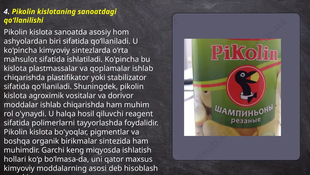 a ega bo'lib, suvda erituvchanligi 16 g/l ni tashkil etadi. uning qaynash harorati 242 °c va erish harorati 135-138 °c. ushbu xususiyatlari uni o'ziga xos holat va qo'llanmalarda foydali qiladi, ayniqsa boshqa heterotsiklik karboksilik kislotalar bilan solishtirilganda. ... t.me/slaydai_bot pikolin kislotasi — bu kimyoviy birikma bo‘lib, uning reaktivligi turli sharoitlarda olinadi. uning molekulyar formulasi c6h5no2 va odatda metilpiroliz kabi usullar bilan sintez qilinadi. pikolin kislotasi turli reaktivlar, masalan oksidlovchilar va qaytaruvchilar bilan reaksiyaga kirishishi mumkin. oksidlovchi muhitda pikolin kislotasi kuchli karboksilik kislotaga aylanishi mumkin. uning reaktivligi 12 yoki undan katta ph darajasida o'zgaradi. ushbu kislota farmatsevtika hamda agrokimyoviy sintezlarda keng qo'llaniladi. pikolin kislotaning eritmalari yuqori issiqlik haroratiga chidamli bo‘lib, bu uning kimyoviy jarayonlarda foydalanilishini qulaylashtiradi. ... t.me/slaydai_bot 13. pikolin kislotasining tarixiy rivojlanishi pikolin kislotasi xix asrda kimyo sanoatida ahamiyat kasb etdi. 1846-yilda ingliz kimyogari tomas anderson bu organik birikmani kashf qildi. pikolin kislotasi pirit va ko'l yetakchi minerallarining distillatsiyasi orqali …