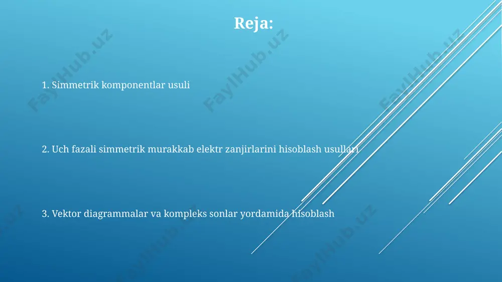 'tishini qiyinlashtiruvchi kattalik bo'lib, uning birligi ohm (ω) da o'lchanadi. masalan, 50 hz chastotadagi 100 ω impedansli sim tokio shahridagi elektr tarmog'ida 220 v kuchlanishda ishlaydi. faza siljishi va quvvat hisobi uch fazali simmetrik elektr zanjirlarida faza siljishi 120° ga teng bo'lib, bu esa samarqanddagi elektr tarmoqlarining samarali ishlashi uchun muhim ahamiyatga ega. quvvat hisobi uch fazali simmetrik zanjirda faza kuchlanishlari va toklarining vektor yig'indisidan foydalanib, masalan, 380v kuchlanish va 10a tokda hisoblanadi. toshkentdagi zavodlarda uch fazali simmetrik zanjirlarning quvvat hisobini aniqlashda faza siljishi burchagi kosinusini (cos φ) hisobga olish 20% gacha energiya tejashga olib kelishi mumkin. fazor diagrammalarini tuzish fazor diagrammalarida 3 fazali 380v tarmoq uchun fazalar orasidagi 120° burchakni aniq ko'rsatish va har bir fazordagi kuchlanish amplitudasini (masalan, 220v) to'g'ri belgilash muhimdir. fazor diagrammalarini tuzishda, masalan, tokioda ishlab chiqarilgan o'lchov asboblari yordamida olingan empirik ma'lumotlarni ishlatish natijalarning aniqligiga ta'sir qiladi. to'rtburchak koordinata sistemasida 1, 2 va 3 fazalar …