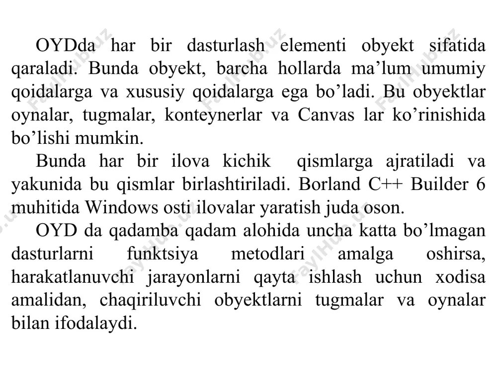 arriri obyektlar inspektori oynasi obyektlar inspektori oynasi ostida obyektlarni daraxtsimon ko’rinishi oynasi joylashgan. bu oynada ilovadagi barcha obyektlar daraxt strukturasi shaklida ifodalangan bo’ladi. formalar, dastur kodi va boshqa dastur tarkiblari fayllari berilgan bo’ladi. obyektlarni daraxtsimon ko’rish oynasi borland c++ builder 6 muhiti asosiy menyu buyruqlari file buyrug’i guruhi bu menyu buyruqlari fayllar bilan ishlashga mo’ljallangan va qo’yidagi amallarni bajaradi: (new) yangi fayl hosil qilish, forma (oyna) ochish, mavjud fayllarni (open) ochish, fayllarni saqlash (save) va (close) yopish, ilova dastur kodi matnini (print) chop qilish mumkin. menyuning bu buyruqlari guruhi tahrir qilish uchun zarur bo’lgan buyruqlardir. masalan inkor qilish (undelete) va (redo) takrorlash, qirqib olish(cut), nusxa olish (copy), nusxa olinganni qo’yish (paste) va o’chirish (delete) kabi amallarni o’z ichiga olgan. edit buyruqlari guruhi view(ko’rish) buyruqlar guruhi menyuning bu buyruqlari guruhidan ilova va komponentalarni boshqarishni asosiy muloqot oynalari chaqiriladi. masalan, ilova menedjeri (project manager), komponentlar ro’yxati (component list) va oynalar ro’yxati (window …
