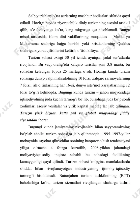 to’ldirish, restoran, tomosha tadbirlari, chet el valyutasining kelib tushishini ta’minlaydi. turizmning ichki iqtisodiy tabiati turist tashrif buyurgan mamlakatda o’z mablag’ini albatta sarflab ketishini taqozo etadi. turizm mahalliy turistik resurslar ekspluatatsiyasiga asoslanadi va buning evaziga shu mintaqa yoki mamlakat foyda olishi kerak bo’ladi. hozirgi tushunchalarda qabul qilingan turizm xix asrning oxiriga borib shakllangan bo’lsa-da, faqat xx asrga kelib u jadal sur’atlarda rivojlandi hamda texnika va texnologiyalarning rivojlanishi, jamiyat munosabatlarining yuksalishi natijasida «xx asr fenomeni» nomini oldi. hozirgi paytda turizm milliy iqtisodiyotning o’zaro bog’liq bo’lgan, maqsadi insonlarning bo’sh vaqtida dam olishi va sayohat qilishining turli xillariga hamda mavjud bo’lgan turistik resurslardan samarali tarzda foydalanishga, tobora o’sib borayotgan ehtiyojlarni qondirishga qaratilgan faoliyatni ta’minlovchi korxona va tarmoqlarning majmuini ifodalovchi iqtisodiy kategoriya sifatida ko’rilmoqda. 2. sayohatchi va turistni ajratib turuvchi asosiy farqlar sayohat va turizm (travel and tourism) – bir-biri bilan bog’liq tushuncha bo’lib, ular inson hayot faoliyatining ma’lum bir tarzini ifodalaydi. bu – dam …
