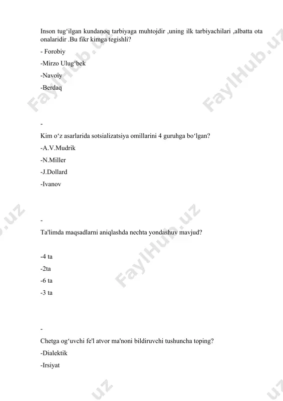atika -pedagogik prinsip - ushbu fikir kimga tegishli"har kimki ilm o‘rganaman desa uni yoshligidan boshlasin". -ibn sino - farobiy -xorazmiy -navoiy - "insonning talim tarbiya orqali qayta tarbiyalash aqliy qobilyatni o‘stirish mumkin"ushbu fikir kimga tegishli? - koshfiy -doroniy -ibn sino -farobiy - "oila tarbiyasida ota ham ona ham teng huquqli"bu fikir muallifi kim ? - davoniy -doroniy -farobiy -koshfiy - sa’diy sheroziy nechanchi yilda tug‘ilgan? - 1184 -1187 -1190 -1194 - "oilada asosiy tayanch otadir"bu fikirni kim aytgan ? - sheroziy -koshfiy -davoniy -farobiy - "kamtarlik eskirmaydigan eng go‘zal insoniy fazilatdir"bu fikir muallifi kim ? - komil xorazmiy -sheroziy -munis -koshfiy - "adolat sharaf ko‘rki osoyishtali xushnudlikdir "deb kim aytgan ? - munis -sheroziy -komil xorazmiy -koshfiy - kimning tarbiya haqida qarashida insonparvar g‘oyalar adolat insof xalq manfati muhim o‘rin egallaydi ? -nodira -uvaysiy -munis -navoiy - "inson insoniyat jamiyat tufayli shaxsga aylanadi ,u yolg‘iz o‘smaydi"deb kim aytgan ? -p.rolland …