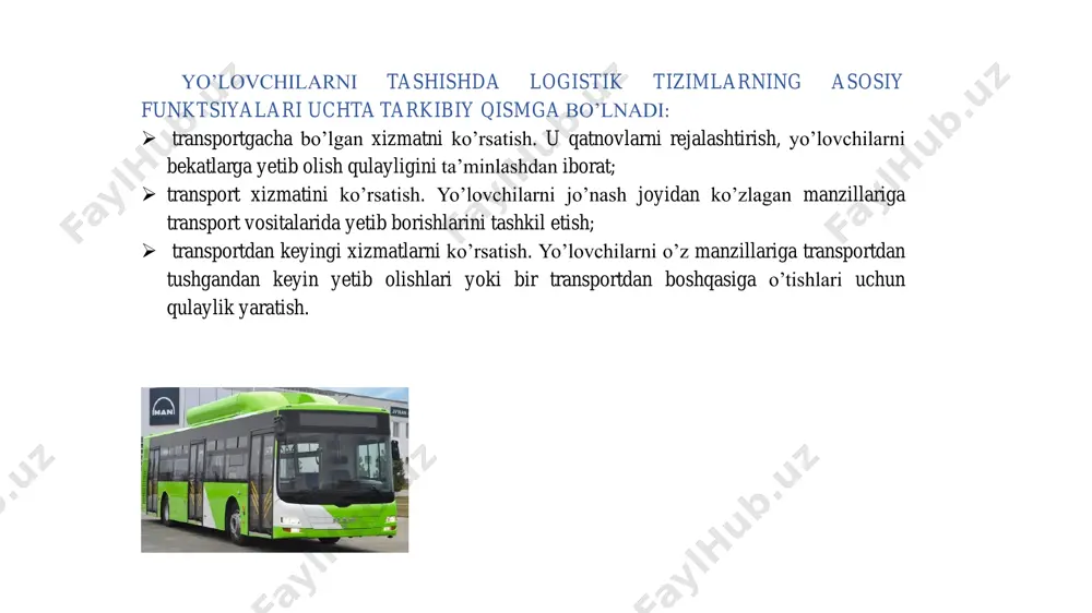 ezligini quyidagi formula orqali aniqlash mumkin,avtobuslarning yo’nalishdagi harakati tsiklli harakatdan (tezlashish, tekis harakatlanish, nakat va tormozlash) iborat bo’ladi. • yonalishdagi avtobuslarni xarakat tezligiga quydagi vaqtlar xam ta`sir etadi. • t1- avtobusning bekatga kirish va to’xtash vaqti; • t2- yo’lovchilarni tushirish va chiqarish uchun ketgan vaqt; • t3- eshiklarni yopish va harakatni boshlash uchun ketgan vaqt; • t4- avtobusning bekatdan chiqish vaqti. xulosa. logistik texnologiyalar nafaqat moddiy oqimlar, balki yo‘lovchilar oqimini boshqarishda ham katta samara beradi. bu masalalami samarali hal etish uchun, birinchi galda aholini transportga ehtiyojining axborot modeli ishlab chiqilgan bo‘lishi va aholini transportga ehtiyojining axborot modeli transport tarmog'ini tanlash va transport vositalarining ish rejimini aniqlashda asosiy ma’lumot bo‘lib xizmat qilishi kerak. transportga bolgan talab tasodifiy va o‘zgaruvchan bo‘lishi axborot modellarini ishlab chiqishda hisobga olinib boriladi. faqat shundagina aholining transportga bo‘lgan talabi to‘liq qondiriladi, transport xarajatlari miqdori ham kamayadi. aholining transportga bo‘lgan talabi yo'lovchilar oqimi haqidagi ma’lumotlar asosida aniqlanadi. hozirgi …