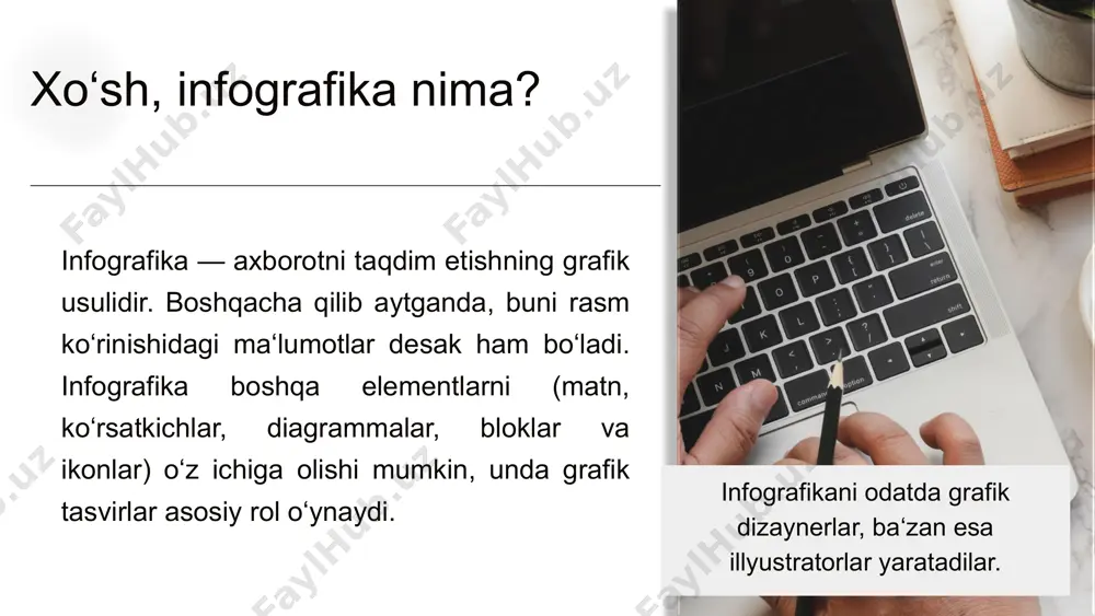 da infografika tayorlash endi esa amaliy jarayonga to`xtalib o`tamiz! birinchi navbatda canva platformasidan ro`yxatdan o`tib olamiz ro`yxatdan o`tib olganimizdan so`ng mana shunday bosh sahifa ochiladi. infografika bo`limini tanlaymiz. infografika bo`limiga kirganimizdan so`ng bizga mana shu ko`rinishda turli xil infografika shablonlarini chiqarib beradi. biz bu yerda o`zimiz hohlagancha dizaynga ham keltirsak bo`ladi. yuqori qismida matnlar shirfti, o`lchami, rangilaarni o`zgartirish mumkin. yon tarafida esa obyektlarni, shablonlarni, qo`shimcha matnlar qo`shishiz mumkin. endigi navbat tayor infografikani yuklash jarayoniga! yuqoridagi baham ko`rish menyusiga kirib, yuklab olish menyusi orqali pdf yoki png yoki ppt variantda ham yuklab olishiz mumkin. e’tiboringiz uchun rahmat!!! mulaydinov farxod murotovich kokand university