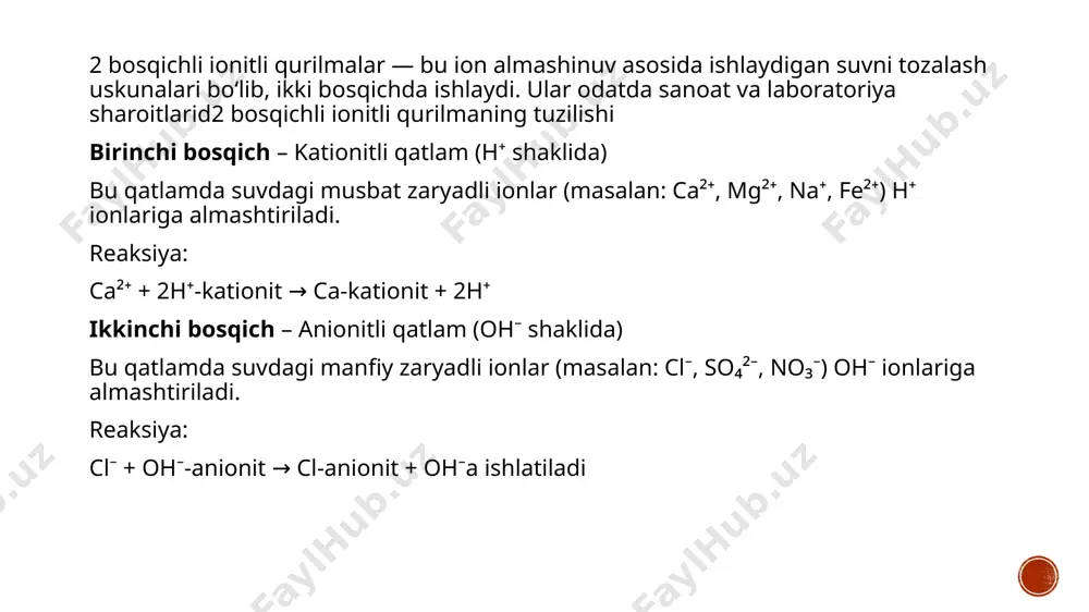 sh qobilyati 5. f=qsut/ntv anionitli filtrlarni yuzasi 6. f= пd2/4 filtrning ko’ndalang kesm yuzasi 7. n=f/f filtrlar soni 8. ft=n f to’liq filtrlar soni 9. q=0.06t n n f yayratish uchun kerak bo’ladigan suv miqdori xulosa: 2 bosqichli ionitli qurilmalar suv sifatini yaxshilashga yordam beradi. 2 bosqichli tizim yuqori samaradorlikka ega bo‘lsa-da, ekspluatatsion xarajatlari yuqori. har bir tizim suvning ifloslanish darajasi va qo‘llanilish sohasiga qarab tanlanadi. foydalangan adabyotlar 1. r. yusupaliyev issiqlik elektr stansiyalarda yoqilg'i yoqish va suv tayyorlash texnaloyalari 2.abramov a.i. i dr. povishenie ekologicheskoy bezopasnosti tes.-m.:mei, 2002. 3.yusupaliyev r.m. issiqlik elektr stansiyalarida suv tayyorlash texnologiyasi. o'quv qo'llanma toshdtu. 2003-y. 4.yusupaliyev r.m. issiqlik energetikasida suv tayyorlash texnologiyasi va kimyoviy nazorat. darslik t.: "choʻlpon", 2013- y. 5. wwwsorbentsu. image5.png image6.png image7.png image8.jpeg image9.png image2.png image3.png /docprops/thumbnail.jpeg