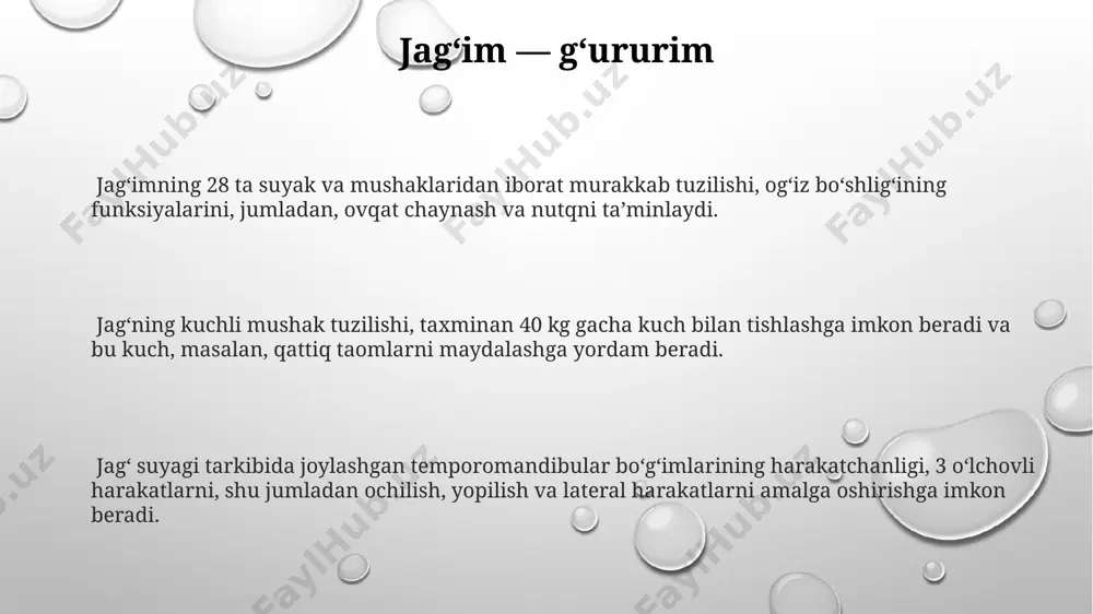 yetkazadigan gazlangan ichimliklarni cheklash va 2 martadan kam boʻlmagan miqdorda tishni tozalash muhim. jagʻ mushaklarini mustahkamlash uchun kuniga 15-20 minut yuz gimnastikasi mashqlari, masalan, lablarni chimchilab, yonoqlarni puflash tavsiya etiladi, bu yuz mushaklarining tonusini oshiradi. yiliga kamida 2 marta stomatologga profilaktika tekshiruvidan oʻtish va tish toshlarini olib tashlash periodontit kabi jiddiy kasalliklardan himoya qiladi, sogʻlom jagʻni saqlashda muhim rol oʻynaydi. davolash usullari jag' suyagi sinishi holatlarida jarrohlik aralashuvi, odatda, 24-48 soat ichida amalga oshiriladi va to'liq tiklanish 6-8 hafta davom etishi mumkin. ortodontik davolash usullari, masalan, breketlar yordamida, jag'ning noto'g'ri joylashuvini tuzatish orqali 2-3 yil ichida sezilarli natijalarga erishish mumkin. jag'ning og'riqlarini davolashda 10-15 seanslik fizioterapiya kursi yallig'lanishni kamaytirish va harakatlanish doirasini yaxshilashda samarali bo'ladi. profilaktika choralari har kuni kamida 15 daqiqa davomida "profilaktika choralari" ni muntazam bajarish jag' bo'g'imlari kasalliklarining 70% gacha oldini olishga yordam beradi. "profilaktika choralari" dasturiga og'iz gigienasi qoidalari, shu jumladan, kuniga ikki marta 2 daqiqadan …