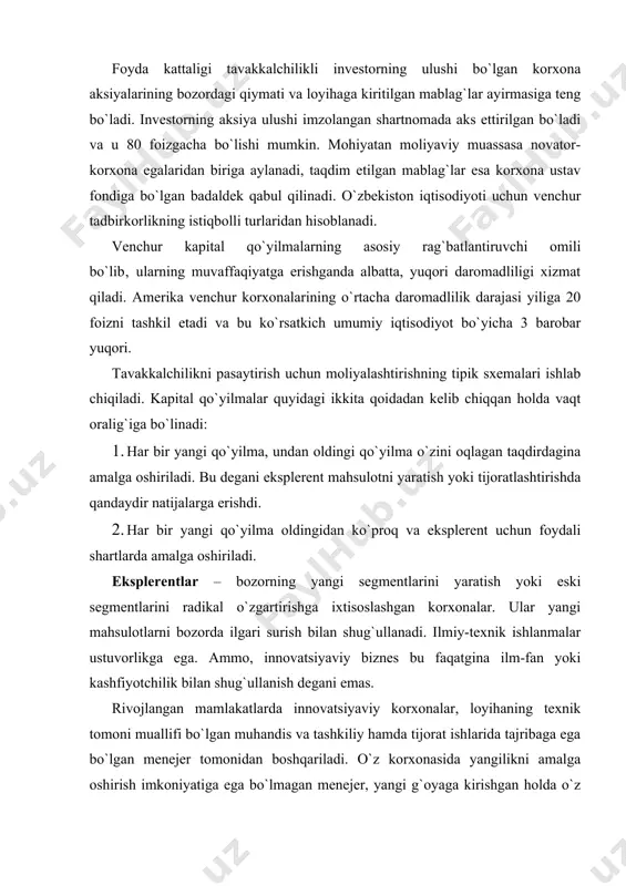 lar yangi mahsulotlarni bozorda ilgari surish bilan shug`ullanadi. ilmiy-texnik ishlanmalar ustuvorlikga ega. ammo, innovatsiyaviy biznes bu faqatgina ilm-fan yoki kashfiyotchilik bilan shug`ullanish degani emas. rivojlangan mamlakatlarda innovatsiyaviy korxonalar, loyihaning texnik tomoni muallifi bo`lgan muhandis va tashkiliy hamda tijorat ishlarida tajribaga ega bo`lgan menejer tomonidan boshqariladi. o`z korxonasida yangilikni amalga oshirish imkoniyatiga ega bo`lmagan menejer, yangi g`oyaga kirishgan holda o`z ish joyini tashlab yangi korxonaga asos soladi va mustaqil tadbirkor sifatida o`z g`oyalarini amalga oshiradi. bozorda ehtiyoj sezilgan yangi mahsulot yaratilgandan keyin, eksplerent korxona oldida ishlab chiqarish hajmi muammosi kelib chiqadi. buning uchun eksplerentlar yirik korxona bilan alyans tashkil etadi. eksplerent o`z innovatsiyaviy mahsulotini ommaviy tarzda mustaqil ishlab chiqara olmaydi. ishlab chiqarishni ommaviy yo`lga qo`ymaslik esa turli xil o`xshash mahsulotlar paydo bo`lishiga olib kelishi mumkin. yirik va kuchli korxona bilan ittifoq hosil qilish esa, foydali sharoit va qaysidir ma’noda o`z mustaqilligini saqlash imkoniyatini beradi. bunday hamkorni tanlash iste’mol xususiyatlaridan kelib chiqishi …