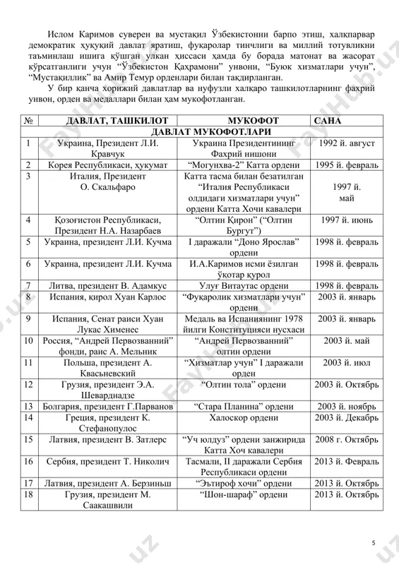 қ ва олтин медаль 2001 й. июнь 12 япония, “васеда” университети фахрий ҳуқуқ доктори 2002 й. июль 13 испания, алкала де энарес университети “сиснерос” медали ва фахрий диплом 2002 й. август 14 япония, “сока” университети фахрий доктор 2002 й. декабрь 15 франция, сорбонна-4 университети. париж-сюд-2 университети президентлик фаолияти учун фахрий диплом 2003 й. январь 16 рф, “россия кон саноатчилари” тоғ – кон фанлари академияси тоғ – кон фанлари академияси фахрий аъзоси. “россия кончиси” олтин белгиси 2004 й. февраль 17 украина, т.г. шевченко номидаги киев миллий университети университетнинг фахрий доктори 2004 й. апрель 18 рф, г.в. плеханов номидаги риу, ректор в. гришин “университет олдидаги хизматлари учун” фахрий кўкрак нишони 2013 й. январь ижтимоий-гуманитар мукофотлар 1 қирғизистон, “руҳоният” маънавиятни тиклашга кўмаклашиш ассоциацияси “халқлар ўртасидаги тинчлик ва тотувлик учун” медали ва дипломи 1994 й. январь 2 юнеско “авиценна” олтин медали 1996 г. апрель 3 рпц, тошкент ўрта осиё епархияси i даражали князь даниил …