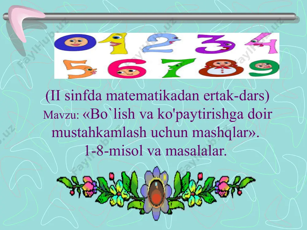 i maslahatlashishibdi. ular hammalari birgalikda borishga qaror qilibdilar, chunki shunday qilinsa, har qanday qiyinchilikni oson yengish mumkin, ekan-da. ertalab quyosh o'zining zarrin nurlarini yerga sochib, atrof yorisha boshlaganda raqamiar yo'lga chiqishibdi. ular uzoq yurishibdi va, nihoyat, «qo`shish» daryosi bo'yiga yetib kelishibdi. barcha raqamiar daryo bo'yiga yig'ilishibdi, daryo suvidan ichib, chanqoglni bosmoqchi bo4ishibdi, ammo «qo`shish» daryosi ularga suv bermabdi. «аgаг suv ichmoqchi bo'lsangiz, avval, mening quyidagi shartimni bajarishingiz lozim. juft-juft bo`lib saflaning va qo'shiling, shundagina suv ichasizlar», debdi. qolgan o'quvchilar bilan qo'shishga doir «son ketidan son kelar» o`yini ovnaladi. bu o`yinda bir o'quvchi qo'shishga doir misol aytadi, javobi necha chiqsa, boshqa o'quvchi o'sha javobdan boshlab yana misol aytishda davom etadi. masalan : 15+32=47 47+23=70 70 + 20 = 90 va hokazo. ertakchi momo:- bolalar, matematik diktantni ham tog`ri bajara olsak, «qo'shish» daryosi raqamlarga suv beradi. 38 ni 22 ta orttiring va 50 taga kamaytiring; 80 ni 50 ta kamaytiring va 30 …