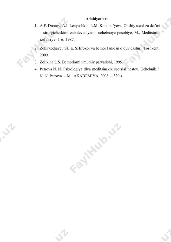 h.e. shifokor va bemor fanidan o’quv dasturi, toshkent, 2009. 3. zolikina l.s. bemorlarni umumiy parvarishi, 1995. 4. petrova n. n. psixologiya dlya meditsinskix spetsial’nostey. uchebnik / n. n. petrova. – m.: akademiya, 2008. – 320 s. mashg’ulot №2 bioetika va deontologiya asoslarini xirurgik bemorlarni qabul qilishda qo’llashning ahamiyati. kasalxonada va ambulatoriya sharoitida bolalarni parvarishlash ham tibbiyot xodimlari (shifokorlar, hamshiralar), ham bemorning yaqinlari tomonidan amalga oshiriladi. tibbiyot xodimlarining bemor bola va yaqin qarindoshlari bilan aloqalari davomiyligi boshqacha bo'lishi mumkin. bunday aloqalar ba'zan kasalxonaga yotqizilganidan keyin ko'p hafta yoki oylar (hatto yillar) davom etadi. bu holatlar tibbiyot xodimlari o'rtasidagi munosabatlarda, shuningdek sog'liqni saqlash xodimlari va kasal bolalar, tibbiyot xodimlari va bolalarning oila a'zolari o'rtasida axloqiy va deontolojik tamoyillariga amal qilishga sabab bo’ladi. tibbiy etika - tibbiyot xodimlarining axloqiy me'yorlari to'plami. "etika" so'zi yunoncha "etos" - odat deyiladi. jamiyatda odamlarning xatti-harakatlari va munosabatlarini normalar, qoidalar va urf-odatlar boshqaradi. ularga asosan tibbiyot xodimlarining etika …