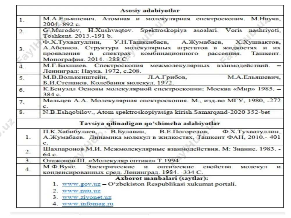 asi <10 mkm rentgen trubkalari defraksion panjaralar, kristallar fotoplastinka, fotoeliment, ionizatsion kamera. 10 5 kondensirlangan muhitlar spektroskopiyasi kristallar, amorf jismlar va syuqliklarning energetik satihlari va ular orasidagi o‘tishlar haqida ma’lumot beradi va bu erda ham amaliy ham nazariy echilmagan muammolar ko‘p. albatta kondensirlangan muhidlar spektroskopiyasi atom va molekulyar spektroskopiya bilan bog‘liq va shu bo‘limlarning natijalariga tayanadi. spektroskopiyada energetik sathlar energiyalari farqi dan bo‘lgan oraliqni egallaydi. chastota yoki to‘lqin uzunliklari shkalasida bu - gs dan - gs gacha yoki sm dan sm gacha bo‘lgan oraliqda yotadi. yadroning energetik sathlari nuklonlarning harakati bilan bog‘liq bo‘lib energiyasi yuz mingdan million ev gacha bo‘lishi mumkin, va yadro spektroskopiyasida o‘rganiladi. kondensirlangan muhitlar spektrlari murakkab bo‘lishiga qaramasdan atom va molekulalardagi harakatlar bilan bog‘liq. shuning uchun atom va molekulalarning energetik sathlarini batafsilroq qaraymiz. 1. atomdagi elektronlarning yadroga nisbatan harakati bilan bog‘liq elektron sathlar energiyasi. bu erda ichki elektron qobiqdagi va tashqi elektron qobiqdagi elektron sathlarini farqlash lozim. …