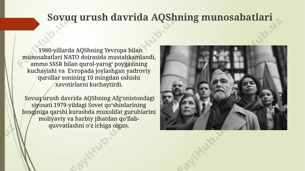 ' sarflagan. 1970-yillarning boshida, yaqin sharqdagi neft inqirozi tufayli aqshning energiya siyosati keskin o'zgargan, bu esa 1973-yilda neft narxining 4 barobar oshishiga olib kelgan. sssr bilan munosabatlar va yengillashtirish siyosati helsinkiy bitimi (1975) doirasida inson huquqlari masalalari bo'yicha muloqotlar davom etdi, ammo sssrning ichki siyosati va sharqiy yevropadagi voqealar bu yengillashtirish jarayoniga salbiy ta'sir ko'rsatdi. 1970-yillarning oxiri va 1980-yillarning boshida sssr bilan munosabatlarni yaxshilashga qaratilgan salt ii shartnomasi imzolandi, ammo aqsh senati uni ratifikatsiya qilmadi, bu ikki mamlakat o'rtasidagi ishonchsizlikni aks ettirdi. nixoning tashqi siyosatining umumiy ko'rinishi niksonning 1970-yillar oxiri va 1980-yillar davomida olib borgan tashqi siyosati, xitoy bilan munosabatlarni normallashtirish orqali 20 yildan ortiq davom etgan diplomatik muzlatishni tugatish bilan tavsiflanadi. vetnam urushidan keyingi davrda, janubi-sharqiy osiyoda aqshning ta'sirini saqlab qolishga qaratilgan harakatlar, shu jumladan 1975 yilda kambodja va laosdagi voqealarga aralashuv, niksonning tashqi siyosatining muhim jihati bo'lgan. yaqin sharqdagi siyosat va yaxlit tinchlik rejasi 1970-йилларнинг ўрталарида ақш яқин …