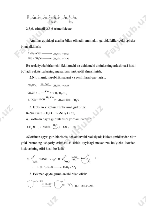 tiletilamin, n(ch3)3 trimetilamin va h.k. sistematik nomenklaturada uglevodorod nomiga amino- so‘zini qo‘shib nomlanadi, raqam bilan esa aminoguruhning o‘rni ko‘rsatiladi: -nh2 amino, -nh-ch3 metilamino va -n(ch3)2 dimetilamino guruhlardir. agar molekulada turli darajada almashgan azot atomlari bo‘lsa, bunday aminlar quyidagicha nomlanadi. m-n: 2,5,6,-trimetil-2,5,6-trimetildekan aminlar quyidagi usullar bilan olinadi: ammiakni galoidalkillar yoki spirtlar bilan alkillash; bu reaksiyada birlamchi, ikkilamchi va uchlamchi aminlarning arlashmasi hosil bo‘ladi, rekatsiyalarning mexanizmi nukleofil almashinish. 2.nitrillarni, nitrobirikmalarni va oksimlarni qay-tarish: 3. izotsian kislotasi efirlarining gidrolizi: r-nco h2o r-nh2 co2 4. goffman qayta guruhlanishi yordamida olish: «goffman qayta guruhlanishi» deb ataluvchi reaksiyada kislota amidlaridan xlor yoki bromning ishqoriy eritmasi ta’sirida quyidagi mexanizm bo‘yicha izotsian kislotasining efiri hosil bo‘ladi: 5. bekman qayta guruhlanishi bilan olish: aminlar yana lossen va kursius qayta guruhlanishlari bilan olinishi mumkin. bunda reaksiyaga kislota gidrazidlari va gidroksam kislotalar olinadi. kislota gidrazidlari qizdirilganda, gidroksam kislotalar esa kislotalar ta’sirida izotsian kislotasining efiriga aylanadi. bu jihatda kursius va lossen qayta …