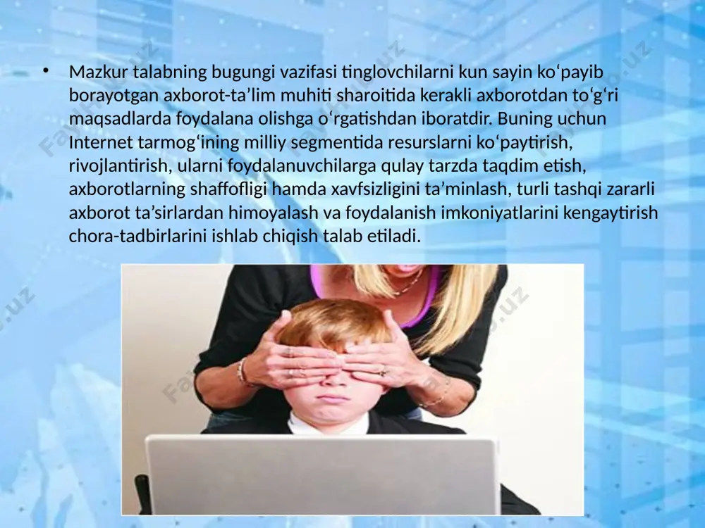 bolalar tajovuzkor ruhdagi onlayn o‘yinlariga berilsa, bu noxush oqibatlarga olib kelishi ehtimoldan xoli emas. virtual olamda insonning vaqtni idrok qilish tizimi buziladi, ijtimoiy faolligi kamayadi. kompyuter qarshisida vaqt o‘tganini sezmay qolishning boisi ham shunda. bundan tashqari, oxirgi paytlarda tobora ommalashib, jamiyatni, ota-onalarni, hattoki, ichki ishlar vazirligi xodimlarini xavotirga solayotgan ayrim guruhlar, oqimlar paydo bo‘lmoqda. ommaviy axborot vositalari(oav)da «o‘lim guruhlari» deb nom olgan bunday guruhlar odatda, ijtimoiy tarmoqlar orqali tarqalib, asosan maktab yoshidagi bolalarni jalb qilmoqda. guruhlar tajribali psixologlar tomonidan boshqarilib borilmoqda. insonparvar, huquqiy demokratik davlat va fuqarolik jamiyatini shakllantirishda axborot hamda u bilan bog‘liq bo‘lgan axborotlashtirish jarayonining huquqiy tartibga solinishi alohida ahamiyat kasb etadi. yuqoridagi holatlar sabab, yoshlar o‘rtasida xorijiy axborot internet-saytlari ommalashishiga imkoniyat yaratilmoqda. internet tarmog‘ida salbiy kontentning mavjudligi o‘z o‘rnida yoshlar ongida axloqsiz, ekstremistik, tajovuzkor g‘oyalarning yuzaga kelishiga sabab bo‘ladi, shuningdek, mavjud ayrim noxolis saytlar esa yoshlar ma’naviyatiga jiddiy xavf hisoblanadi. o‘zbekistonda internetdan foydalanuvchilar soni kun sayin ortib …