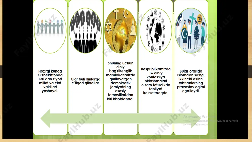 ta diniy tashkilot faoliyat yuritadi. shundan 2122 tasi islomiy, 174 ta xristian diniy tashkiloti, 8 ta yahudiy, 6 ta bahoiy jamoalari, 1 ta krishnani anglash jamiyati, 1 ta buddaviylar ibodatxonasi va 1 ta oʻzbekiston bibliya jamiyatidir. 1999-yilda prezidentimiz farmoni bilan toshkent islom universiteti tashkil etildi. 2018 yilning 16 aprelida toshkent islom universiteti va oʻzbekiston islom akademiyasi negizida oʻzbekiston xalqaro islom akademiyasi tashkil etildi. dunyo davlatlarining vijdon erkinligi va diniy tashkilotlar toʻgʻrisidagi qonunchiligiga e'tibor qaratilsa, diniy tashkilot tuzish uchun zarur boʻlgan tashabbuskorlarga qoʻyilgan minimal miqdor turlicha ekanini koʻrish mumkin. jumladan, rossiya federatsiyasi va qozogʻistonda 10 nafar, polsha, litvada 15, latviyada 25, vengriyada 100, armaniston va qirgʻizistonda 200, chexiyada 300, turkmanistonda 500 nafardan iborat fuqarolar tashabbusi bilangina diniy tashkilot tuziladi. bu esa, diniy tashkilot tuzish borasidagi qoidalar har bir davlatning oʻz shart-sharoitidan kelib chiqqan holda belgilanishini koʻrsatadi. 2018 yil 12 dekabr kuni bmt bosh assambleyasining yalpi sessiyasida “ma'rifat va diniy bagʻrikenglik“ deb …