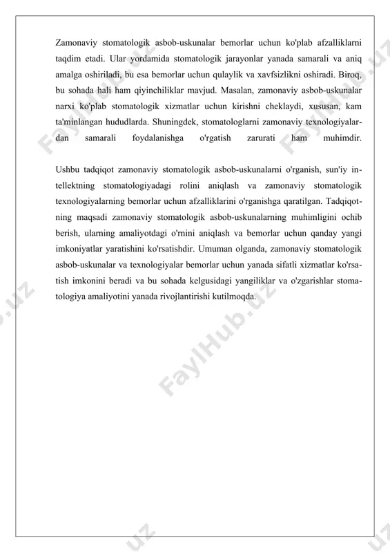 stomatologlar uchun zamonaviy asboblarni to'g'ri ishlatishni o'rgatish zarurati ham mavjud. xulosa qilib aytganda, stomatologik asbob-uskunalarning tarixi va rivojlanishi stomatologiya sohasining muhim qismi sifatida ahamiyatga ega. zamonaviy texnologiyalar va asbob-uskunalar bemorlar uchun stomatologik xizmatlarning sifatini oshirish, jarayonlarni tezlashtirish va muolajalarni ancha qulay qilish imkoniyatini taqdim etadi. kelajakda stomatologik asbob-uskunalarning yanada rivojlanishi, shuningdek, zamonaviy muammolarni hal qilish uchun yangi yechimlar izlash zarurati, stomatologiya sohasini yanada rivojlantirishga xizmat qiladi. ii. sun'iy intellektning stomatologiyadagi roli sun'iy intellektning stomatologiyadagi roli sun'iy intellekt (ai) so'nggi yillarda stomatologiya sohasida muhim o'rin egallay boshladi. bu yangi texnologiya stomatologik amaliyotlarda diagnostika, davolash rejalashtirish va bemorlarning individual ehtiyojlarini aniqlashda qayta inqilobiy o'zgarishlar kiritmoqda. sun'iy intellekt, asosan, katta ma'lumotlar tahlili, mashinani o'rganish va tabiiy tilni qayta ishlash kabi texnologiyalar orqali stomatologik jarayonlarni optimallashtirishga yordam beradi. ai texnologiyalari stomatologiyada bir qator asosiy sohalarda qo'llaniladi. birinchidan, u diagnostikada qo'llaniladi. masalan, sun'iy intellekt xususiyatlarini o'rganish va tahlil qilish orqali radiologik suratlarni baholashda yordam beradi. …