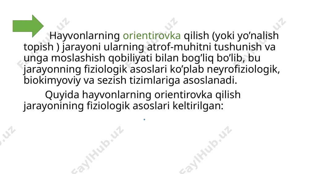 huqurroq o’rganish mumkin. hozirgi kunda bu jarayonni o’rganishning bir nechta zamonaviy usullari mavjud: gps navigatsiya tizimlari radio teleskopiya akustik kuzatuv nerv-fiziologik o’rganish ins tizimlari gps navigatsiya tizimlari – bu usulda hayvonlarga kichik gps qurilmalari o’rnatiladi.ular hayvonning harakatini kuzatadi va har bir joylashuvni aniq belgilaydi.bu usul ko’plab yovvoyi hayvonlarni, masalan, qushlarni ,ilonlarni yoki baliqlarni o’rganishda qo’llaniladi. gps yordamida hayvonlarning qanday yo’nalishda harakat qilishini yoki migratsiya yo’llarini aniqlash mumkin. bu usulning qiziqarli tomoni shundaki:gps datchiklari yordamida , masalan,qushlarning uzoq masofaga qancha vaqt ichida uchishini yoki baliqlarning daryo yo’llarida qanday harakatlanishini ko’rish mumkin. radio kuzatuv – radio kuzatuvda hayvonlarga kichik radio transmitter qurilmalari o’rnatiladi,ular signal yuborib, hayvonning joylashuvini qabul qiluvchi qurilmaga uzatadi.bu usul ko’pincha yovvoyi hayvonlarning harakatlarini va ularning yashash hududini o’rganish uchun ishlatiladi. bu usulning foydali tomoni shundaki,endemik turlarni migratsiyasini ularning qayerda joylashganini hamda yashash tarzini kuzatish mumkin. akustik kuzatuv – ba’zi hayvonlar , masalan , delfinlar yoki baliqlar o’z orientirovkasini akustik …