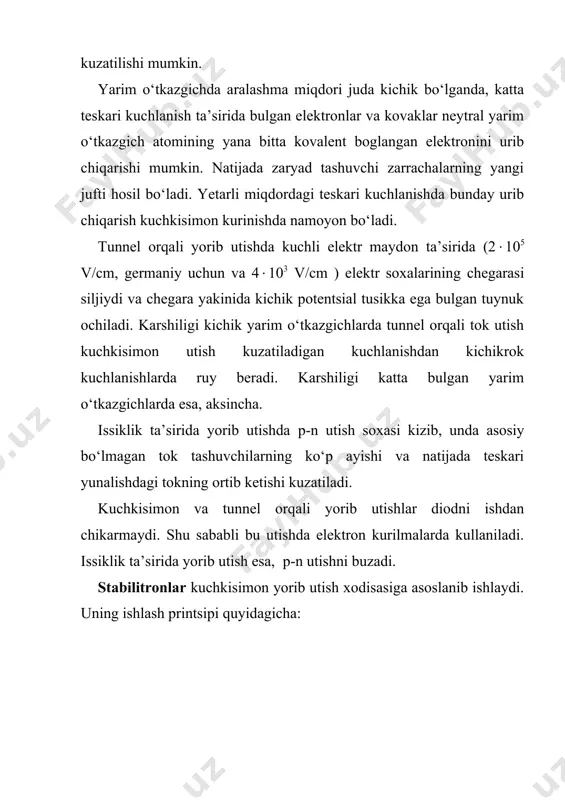 gan diodlar ham tunnelli diodlarga uxshash bulib, volt- amper xarakteristikasida, dunglik va chukurlik fazasidagi fark kichik bo‘ladi. diodda aralashma kiritik kontsentratsiyada olinib, teskari yunalishdagi utkazuvchanlik tugri yunalishdagi utkazuvchanlikdan katta bo‘ladi. bunday diodlarning teskari yunalishdagi volt –amper xarakteristikasi tugrilovchi diodlarnikiga uxshash bo‘ladi. varikap – bu yarim o‘tkazgichli diod bulib, sig‘im teskari yunalishdagi kuchlanishga boglik bo‘ladi. teskari kuchlanish ortishi bilan р-n utish sig‘imining kamayishi quyidagi ifoda сu = co[( /(k+u]1/n asosida boradi. bunda ( - kontakt potentsiallar ayirmasi ; cu –kuchlanish u qiymatga yetgandagi sig‘imi ;c0- diodga kuchlanish berilmagan holdagi sig‘imi ; n- varikapning turiga boglik bulgan koeffitsiyent (n = 2…3). varikaplar galliy arseniddan tayorlanib, unda asosiy bo‘lmagan zaryad tashuvchilar kontsentratsiyasi kam bo‘ladi. teskari yunalishdagi differentsial qarshiligi katta bo‘ladi.varikaplar kontur chastotasini avtomatik tarzda sozlash ishlarida generator va geterodinlar chastotalarini o‘zga rtirishda ishlatiladi. signal chastotasini ko‘p aytiruvchi varikaplar varaktor deb ataladi. asosiy parametrlari : varikapning aslligi q; cigimini o‘zga rtirishi koeffitsiyenti kc , …