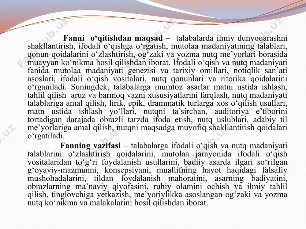 yitishga xizmat qiladi. to‘g‘ri, g‘oyaviy-badiiy jihatdan mukammal yaratilgan har qanday asar og‘zaki ifodali nutqsiz, ovoz chiqarmasdan mustaqil o‘qilganda ham o‘zining axloqiy-estetik jihatdan ta’sir kuchini yo‘qotmaydi, insonni tarbiyalash vazifasi kamayib qolmaydi. lekin ifodali o‘qish jarayonidagi maftunkor ohang, xilma-xil ovoz tovlanishlari, jozibador intonatsiya kabi vositalar badiiy asaming emotsional ta’sir kuchini yanada oshiradi, eshituvchiga beqiyos zavq-shavq bag‘ishlaydi. shuni alohida ta’kidlash lozimki, so‘z san’ati bilan shug‘ullanuvchi kishilar, ayniqsa, inson ta’lim-tarbiyasi uchun mas’ul bo‘lgan muallimlar notiqlik san’atini, ifodali nutq mahoratini puxta egallagan bo‘lishlari zarur. 1-mashq. gaplarni ko‘chirib, ajratilgan so‘zlarning ma’nosini izohlang. 1. har bir millatning tili ikki xil ijtimoiy vazifani bajaradi: bir tomondan, jamiyat a’zolari orasida o‘zaro aloqa uchun xizmat qilib, ularni birlashtiradi, ikkinchi tomondan, bir millatni boshqasidan ajralib turishini ta’minlaydi. 2. har bir millatning dunyoda borlig‘in ko‘rsatadurg‘on oyinayi hayoti til va adabiyotidur. milliy tilni yo‘qotmak, millatning ruhini yo‘qotmakdur (a. avloniy). 3. tildagi har bir so‘z, uning har bir shakli inson tafakkuri va tuyg‘usining natijasidir, …