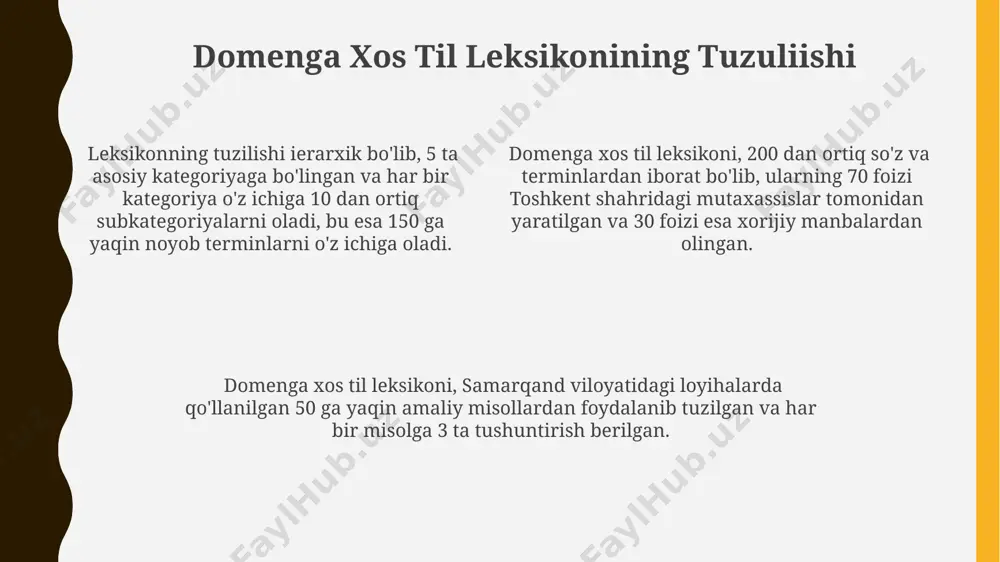 tondagi ba'zi bir muhandislik kompaniyalari o'zlarining ichki jarayonlarini avtomatlashtirish uchun 15 dan ortiq domenga xos til yaratgan bo'lib, ularda sintaksis qoidalarini aniqlash uchun formal grammatikalardan foydalanilgan. domenga xos tillarning sintaksisi ko'pincha 2-3 ta asosiy tuzilmani, masalan, deklarativ, imperativ va shartli ifodalarni o'z ichiga oladi, bu esa dasturchilarga 1000 satrlik kodni 50 satrga qisqartirish imkonini beradi. domenga xos til leksikonini kengaytirish usullari domenga xos til leksikoni kengaytmasi sifatida 5 ta mintaqaviy shevadagi 1000 ga yaqin so‘z birikmasini va ularning ingliz tilidagi ekvivalentlarini kiritish samarali bo‘ladi. lexiconni takomillashtirish uchun 7 ta turli manbalardan olingan 3500 ta yangi atamani va ularning 2 ta sinonimini qo‘shish, shuningdek, samarqand universiteti tadqiqotchilari tomonidan taklif qilingan metodlardan foydalanish taklif etiladi. domenga xos til leksikoni 2000 dan ortiq yangi atamalarni o‘z ichiga olgan 3 ta yirik soha lug‘atlarini, jumladan, toshkent shahridagi it-kompaniyalarining terminologiyasini qo‘shish orqali boyitish mumkin. domenga xos tilni ishlab chiqish bosqichlari domenga xos til leksikoni yaratishning …