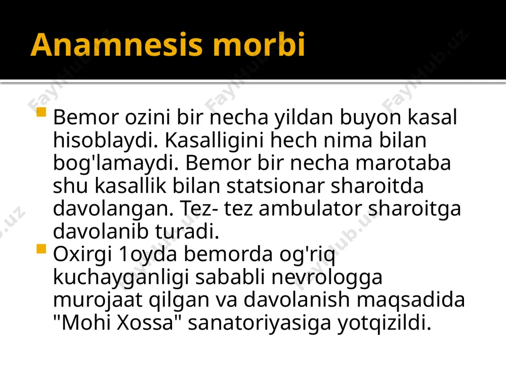 ogen, siydik pufagi o'zgarishsiz. jigar konturlari aniq, chegaralari 9×8×7. klinik diagnoz va uni asoslash bemor shikoyatlari: bo'yin va bosh sohasida og'riq, boshni harakatlantirgan vaqtda og'riq bo'lishi, og'riqning qo'llarga berilishi, barmoqlarda uvushish hissi, obyektiv ko'ruv natijalari, laborator( umumiy qon tahlili, biokimyoviy tahlil, siydik tahlili), instrumental tekshiruv natijalari: rentgenografiyada bo'yin umurtqalari osteoxondrozi natijalariga ko'ra: bo'yin umurtqalari osteoxondrozi tashxisi qo'yildi davo rejasi bitsol 200,0 v/i tomchilab. teotsetam 5,0 v/i. reosorbilakt 200,0 v/i tomchilab. l. lizin etsenat 0,1%-10,0 + natriy xlor 0,9%-200,0 v/i tomchilab. aminorem - 200,0 v/i tomchilab va fizioterapiya muolajalarini qabul qilgan. davo muolajalaridan so'ng ahvoli bir oz yaxshilandi, bosh og'riqlar kamaydi uyqulari bir oz yaxshilangan holda uyiga javob berildi. mashqlar fizioterapiya massaj retsept 1) rp.: sol. bitsilolii 200ml n=2 d.s. tomchilatib vena ichiga yuborilsin 1 kunda 1 mahal # rp.:sol. teosetamini 5ml n=5 d.s. kuniga 5mldan 1 mahal, ertalab vena ichiga yuborilsin, 5 kun davomida. # 2) rp.: sol. infuzolii200ml n=3 …