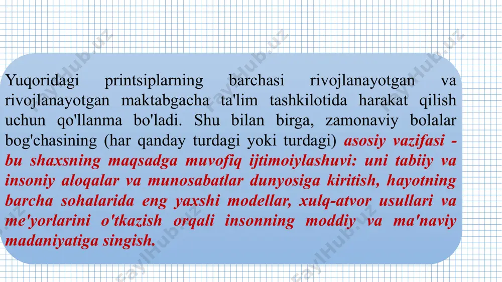 odalaydi; maktabgacha ta’lim tashkiloti mol-mulkini o’ziga berilgan vakolatlar doirasida tasarruf etadi; ishochnomalar beradi; bank tashkilotlarida hisob raqamlar ochadi; maktabgacha ta’lim tashkiloti xodimlarini ishga qabul qilish va joy-joyiga qo’yishni amalga oshiradi, rag’batlantiradi, intizomiy jazo choralarini ko’radi va ular bilan tuzilgan mehnat sharnomalari (kontraktlari)ni to’xtatadi; 20-modda. inklyuziv ta’lim inklyuziv ta’lim alohida ta’lim ehtiyojlari va individual imkoniyatlarning xilma-xilligini hisobga olgan holda barcha ta’lim oluvchilar uchun ta’lim tashkilotlarida ta’lim olishga bo‘lgan teng imkoniyatlarni ta’minlashga qaratilgan. jismoniy, aqliy, sensor (sezgi) yoki ruhiy nuqsonlari bo‘lgan bolalar (shaxslar) uchun ta’lim tashkilotlarida inklyuziv ta’lim tashkil etiladi. inklyuziv ta’limni tashkil etish tartibi o‘zbekiston respublikasi vazirlar mahkamasi tomonidan belgilanadi. o‘zbekiston respublikasining “ta’lim to‘g‘risida”gi qonunidan (qonunchilik palatasi tomonidan 2020-yil 19-mayda qabul qilingan) ixtisoslashtirilgan ta’lim muassasasi tashkil etish to‘g‘risidagi qaror qoraqalpog‘iston respublikasi xalq ta’limi vazirligi, viloyatlar xalq ta’limi boshqarmalari, toshkent shahar xalq ta’limi bosh boshqarmasi va qoraqalpog‘iston respublikasi moliya vazirligi, viloyatlar va toshkent shahar moliya boshqarmalarining ijobiy xulosalari mavjud bo‘lgan taqdirda qoraqalpog‘iston …