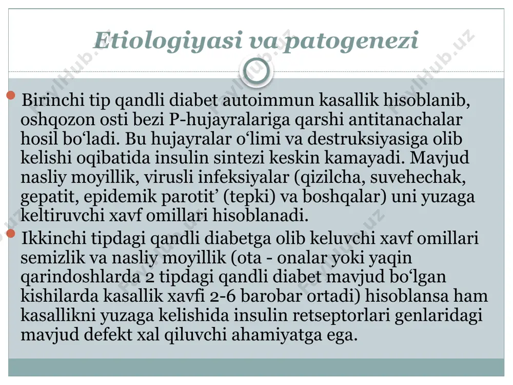 ukoza qonga o‘tganligi sababli giperglikemiya, giperketonemiya va tizimli atsidoz kuzatiladi. belgilari bemorlarda chanqash, glyukozuriya oqibatida kuzatiladigan poliuriya rivojlanadi. ammo ushbu belgilar asoratsiz kechuvchi qandli diabetdan farqli o‘laroq, yaqqol namoyon bo‘lgan mushak kuchsizligi (yurishning, gapirishning qiyinlashishi) bilan kuzatiladi. deyarli barcha bemorlar anoreksiya, ko‘ngil aynishi va qayt qilishga shikoyat qiladilar. ayrim hollarda, qorinda og‘riqlar bo‘lishi mumkin. ko’ruvda bemor terisi quruq, elastikligi pasaygan, ko‘z soqqalari yumshoq va mushaklar gipotoniyasi aniqlanadi. nafas olganda chiqaradigan havodan atseton hidi keladi bemor depressiv holatda bo‘ladi. bemorlarda atrofdagilar bilan muloqotda bo‘lish istagi yo‘qolib boradi savollarga qiyinlik bilan javob beradilar. kussmaul nafas olish boshlanadi. keyinroq nafas olish shovqinlari yo‘qolib, bemorda yuqori giperglikemiya, atsidoz, organizmning keskin suvsizlanishi sababli diabetik ketoatsidoz belgilari rivojlanib borib soporoz holat yuzaga keladi va so‘ngra koma rivojlanadi. qon manzarasida: qonda glyukoza miqdorining oshishi (300 mg/% dan 600-1000 mg/% gacha), giperketonemiya (me’yoridan 10-20 marta ko‘payib ketishi), arterial qonda rn ko‘rsatkichini 7,3 past bo‘lishi, siydikda glyukozuriya va atsetonuriya …