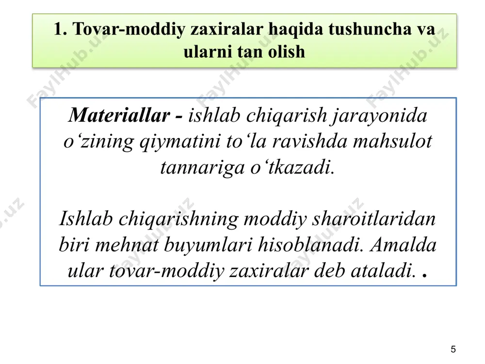 ni tashkil etish va yuritish tartibi tovar-moddiy zaxiralar hisobini tashkil qilishda ularning tarkibi, holati, harakati, miqdori, xarid qilinishi, qayta baholash tartibi va hokazolarga e'tibor qaratish lozim. hisob ma'lumotlari mahsulot tannarxini pasaytirish imkoniyatlarini qidirib topish, moddiy qiymatliklardan tejamli foydalanish, xarajat me'yorlarini kamaytirish, ularni tegishli holatda saqlash va ularning butligini ta'minlash to‘g‘risidagi axborotlardan iborat bo‘lishi lozim. 22 3. tovar-moddiy zaxiralar hisobini tashkil etish va yuritish tartibi 1000 - materiallarni hisobga oluvchi schyotlar; 1100 - o‘stirishdagi va boquvdagi hayvonlarni hisobga oluvchi schyotlar; 1500 - materiallarni tayyorlash va xarid qilishni hisobga oluvchi schyotlar; 1600 - materiallar qiymatidagi farqlarni hisobga oluvchi schyotlar; 2000 - asosiy ishlab chiqarishni hisobga oluvchi schyotlar; 2100 - o‘zida ishlab chiqarilgan yarim tayyor mahsulotlarni hisobga oluvchi schyotlar; 2300 - yordamchi ishlab chiqarishni hisobga oluvchi schyotlar; 2500 - umumishlab chiqarish xarajatlarini hisobga oluvchi schyotlar; 2600 - ishlab chiqarishdagi yaroqsiz mahsulotlarni hisobga oluvchi schyotlar; 2700 - xizmat ko‘rsatuvchi xo‘jaliklarni hisobga oluvchi schyotlar; 2800 …