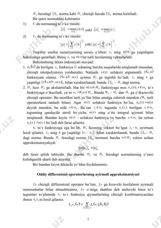 `yicha ning o`rta integral qiymati bilan aniqlanadi. bundan keyin - uzluksiz funktsiya va barcha lar uchun bo`ladi deb faraz qilamiz. to`r funktsiyaga ega bo`lib, fazoning vektori bo`lgan ayirmani hosil qilamiz. ning ga yaqinligi bilan xarakterlanadi, bunda - dagi norma. bunda fazodagi norma normani barcha vektor uchun approksimatsiyalaydi deb faraz qilish tabiiydir. bu shartni va fazodagi normalarning o`zaro kelishganlik sharti deb ataymiz. biz bundan keyin ikkinchi yo`ldan foydalanamiz. oddiy differentsial operatorlarning ayirmali approksimatsiyasi chiziqli differentsial operator bo`lsin. ga kiruvchi hosilalarni ayirmali munosabatlar bilan almashtiramiz, o`rniga shablon deb ataluvchi biror to`r tugunlari to`plamida to`r funktsiya qiymatlarining chiziqli kombinatsiyasidan iborat ni hosil qilamiz: yoki , bu erda - koeffitsientlar, - to`r qadami, - nuqtadagi shablon. ni ga bunday taqribiy almashtirish differentsial operatorni ayirmali operator bilan approksimatsiyalash deyiladi (yoki operatorning ayirmali approksimatsiyasi deyiladi). operatorni ayirmali approksimatsiyaga keltirishda shablon tanlash zarur, ya`ni operatorni approksimatsiyalash uchun qo`llash mumkin bo`lgan to`r funktsiyaning qiymatlaridan bog`liq bo`lgan tugun bilan …