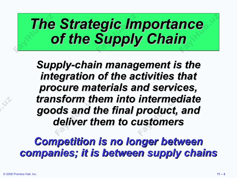 thics in the supply chain opportunities for unethical behavior are enormous and temptations are high many companies have strict rules and codes of conduct that define acceptable behavior institute for supply management (ism) has developed a detailed set of principles and standards for ethical behavior * © 2006 prentice hall, inc. 11 – * principles and standards for ethical supply management conduct loyalty to your organization justice to those with whom you deal faith in your profession table 11.5 * © 2006 prentice hall, inc. 11 – * principles and standards for ethical supply management conduct avoid the intent and appearance of unethical or compromising practice in relationships, actions, and communications demonstrate loyalty to the employer by diligently following the lawful instructions of the employer, using reasonable care and granted authority avoid any personal business or professional activity that would create a conflict between personal interests and the interests of …