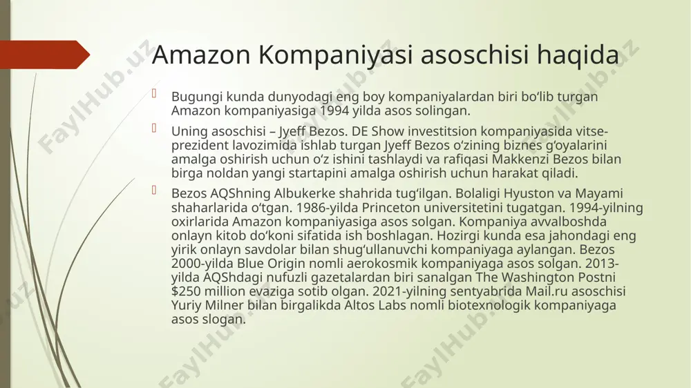 iga xos ma'no anglatadi: amazon yozuvining ostidagi ko‘rsatkich belgisi “a” dan “z”ga qarab harakatlangan. lotin alifbosida eng oxirgi harf “z” hisoblanadi. ya'ni bizning do‘konda hamma nomdagi tovarlar mavjud degan ma'noni beradi. kompaniya rivojlana boshladi. 1996 yilga kelib daromadi 15,7 mln dollarni tashkil etgan bo‘lsa, oradan bir yil o‘tib, 148 mln dollarga yetgan. tashkil topganidan 5 yil o‘tib esa kompaniya 6 mlrd dollarga baholana boshladi. bugungi kunda amazon kompaniyasi dunyodagi eng yirik onlayn do‘kon hisoblanadi. amerikada amalga oshiriladigan barcha onlayn xaridlarning uchdan bir qismi amazon.com hisobiga to‘g‘ri keladi. shu bilan birga, kompaniya ma'lumotlarni saqlashda eng yirik server xizmati ko‘rsatuvchilardan sanaladi. amazon kompaniyasi mahsulot yetkazib berish xizmatida ilk bor uchuvchisiz qurilmalardan foydalangan. jyeff yaxshiroq nom topish ilinjida oksford lug‘atini varaqlab chiqadi va “amazonka” so‘ziga duch keladi. bu – dunyodagi eng katta daryo (bezos ham o‘z do‘konini dunyoda eng kattasi bo‘lishini niyat qilgan), shuningdek, “a” harfidan boshlanadi (u vaqtlarda google bo‘lmagan va foydalanuvchilar …