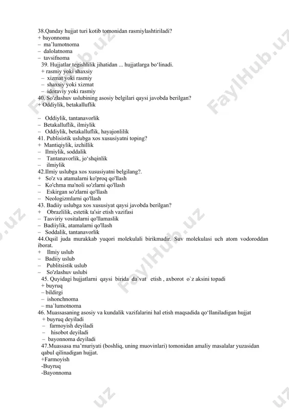adi va bir nusxada tayyorlanadi hamda pulli va qimmatbaho hujjat sifatida saqlanadigan hujjat turi ? +tilxat -bildirishnoma -dalolatnoma -buyruq 53.hisobot matni nechinchi shaxs nomidan yoziladi va hisobot beruvchi tomonidan imzolanadi? +1 -2 -3 -1 va 3 54. qaysi bayonnoma turida yig‘ilish butun mazmuni magnitofon yordamida yozib olinadi. bayonnoma qayta tuzilib rais va kotib tomonidan imzolanadi. matn yozilgan lenta asosiy bayonnomaga ilova qilinadi. +fonografik -stenografik -to‘liq -qisqa 55. shoshilinch xabarning matnini belgilangan joyga telefon orqali yetkazish…. -telegramma +telefonogramma -tijorat yozishmasi -xat 56. o‘ta maxfiy yoki shoshilinch xabarning matnini belgilangan joyga internet elektron pochtasi orqali yetkazish…. +modemogramma -telegramma -telefonogramma -tijorat yozishmasi 57. biror-bir korxona boshlig‘i yoki mansabdor yuridik shaxsning muayyan ishni bartaraf etishga qaratilgan ifodalar bayoni ….. + ko‘rsatma -tarjimayi hol - kafolat xati - yo‘riqnoma 58. xizmat vazifasini amalga oshirishda ish beruvchi va xodimlar o‘rtasidagi shartlar majmuasi… +mehnat shartnomasi -yo‘riqnoma -kafolat xati -shaxsiy varaqa 59. tashkilot yoki uning tarkibiy bo‘linmalari, kichik …