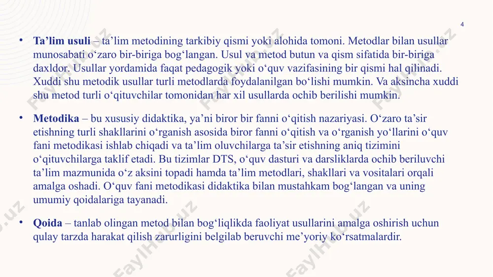 ish uchun ta’limning samarali vositasini tanlab olish sanaladi. ta’lim vositalarini tasniflashda turli asoslarga ko‘ra yondashish mumkin: faoliyat subyektiga ko‘ra faoliyat obyektiga ko‘ra o‘quv axborotiga munosabatiga ko‘ra o‘quv jarayonidagi vazifasiga ko‘ra 13 faoliyat subyekti bo‘yicha ta’lim vositalari tasnifi faoliyat subyekti bo‘yicha ta’lim vositalari o‘rgatish va o‘rganishga bo‘linadi. 1. o‘qitish vositalari. bunday qurollar o‘qituvchi tomonidan mavzuni tushuntirish va mustahkamlash uchun qo‘llaniladi (namoyishli – tajriba qurollari) 2. o‘rganish vositalari. bunday vositalar talabalar tomonidan yangi bilimlarni egallash uchun qo‘llaniladi (laboratoriya – praktikum qurollari) 14 faoliyat obyektlari bo‘yicha ta’lim vositalari tasnifi faoliyat obyektlari bo‘yicha ham ta’lim vositalari ikkiga bo‘linadi: 1. material ta’lim vositalari. bu o‘quv qo‘llanmalari, darsliklar, jadvallar, maketlar, modellar, o‘quv – texnik vositalar, mebel, o‘quv – laboratoriya qurilmalari, ko‘rgazmali vositalar bo‘lishi mumkin. 2. ideal ta’lim vositalari – bular pedagog va talabalar yangi bilimlarni egallashda qo‘llaydigan vositalar: chizmalar, sxemalar, diagrammalar, tasviriy, san’at, nutq, xat va boshqalar. ideal vositalar – bu «fikrlar haqidagi fikrlar»: o‘qituvchi ularni …