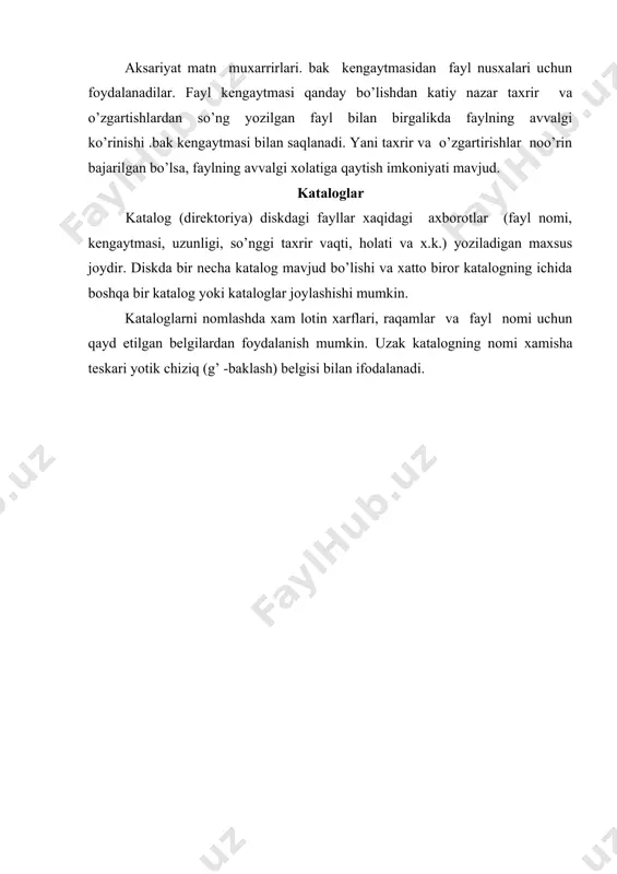 nomini bildiradi. agarda keltirilgan namunadagi kabi hosil qilinayotgan fayl nomi ko’rsatilmasa, bu uning nomi nusxa olinayotgan fayl nomi kabi bo’lishi kerak ekanligini bildiradi. namunadagi buyruq quyidagi ko’rinishda ham kiritilishi mumkin edi: copy a:abmshr b:abmshr buyruq bajarilgach, ms dos nechta fayldan nusxa olinganligi xaqida xabar beradi: 1 file(s) copyed (1 fayldan nusxa olindi) agarda nusxa olinayotgan fayl nomi noto’g’ri ko’rsatilsa, quyidagi xabar chiqariladi: file not found ( fayl topilmadi) fayllar to’plamidan nusxa olish uchun niqob belgilaridan foydalanish kerak bo’ladi. masalan, joriy disk yoki katalogdagi kengaytmasi .txt bulgan barcha fayllardan a: diskga nusxa olish uchun buyruq ko’rinishi quyidagicha bo’ladi: copy *.txt a: faraz qilaylik a: joriy diskda .txt kengaytmali fayllar quyidagicha bo’lsin: lada.txt sony.txt toto.txt bu vaziyatda ms dos nusxa olingan fayllar nomi va soni xaqida axborot beradi: a: lada.txt a: sony.txt a: toto.txt 3 file(s) copied (3 fayldan nusxa olindi) nusxa olinayotgan fayllar uchun diskda yetarlicha joy bo’lmasa, ms dos ko’chirilayotgan …