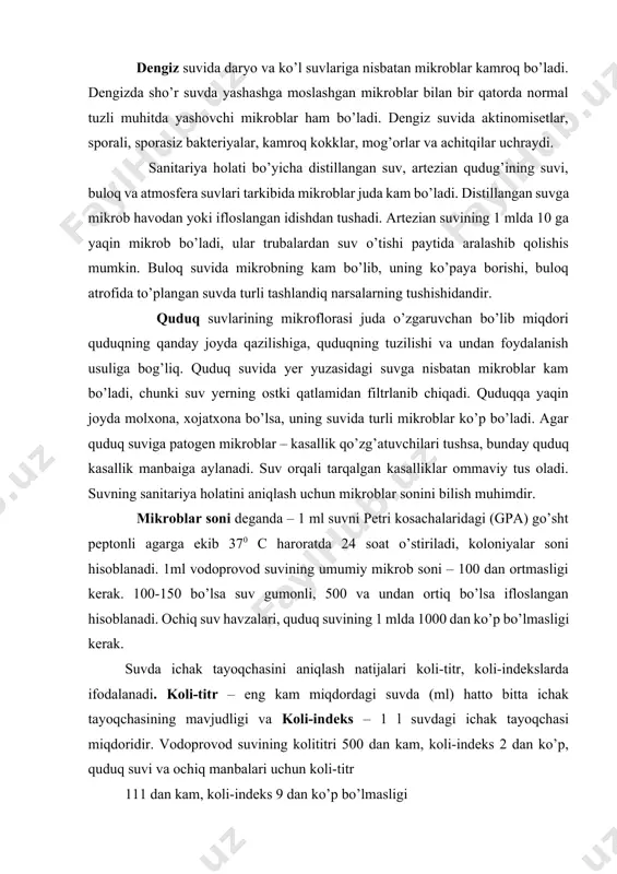 n ortmasligi kerak. 100-150 bo’lsa suv gumonli, 500 va undan ortiq bo’lsa ifloslangan hisoblanadi. ochiq suv havzalari, quduq suvining 1 mlda 1000 dan ko’p bo’lmasligi kerak. suvda ichak tayoqchasini aniqlash natijalari koli-titr, koli-indekslarda ifodalanadi. koli-titr – eng kam miqdordagi suvda (ml) hatto bitta ichak tayoqchasining mavjudligi va koli-indeks – 1 l suvdagi ichak tayoqchasi miqdoridir. vodoprovod suvining kolititri 500 dan kam, koli-indeks 2 dan ko’p, quduq suvi va ochiq manbalari uchun koli-titr 111 dan kam, koli-indeks 9 dan ko’p bo’lmasligi havo mikroflorasi. havoda mikroorganizmlar borligini odamlar qadimdan payqashgan. l.paster esa birinchi bo’lib atmosferada mikroblarning borligini isbot qilgan. havodagi mikroblarning miqdori va turlari har xildir. havoda mikroorganizmlarning yashashi, rivojlanishi uchun sharoit noqulaydir. shuning uchun ko’pchilik mikroblar havoda oz yashaydi. faqat achitqi, zamburug’, spora va pigmentli mikroorganizmlar havoda uzoq vaqt yashaydi, chunki ular qurg’oqchilikka va ultrabinafsha nurlar ta’siriga chidamli bo’ladi. mikroorganizmlar havoga asosan chang bilan o’tadi. odam, hayvon va o’simliklarda uchraydigan mikroblar …