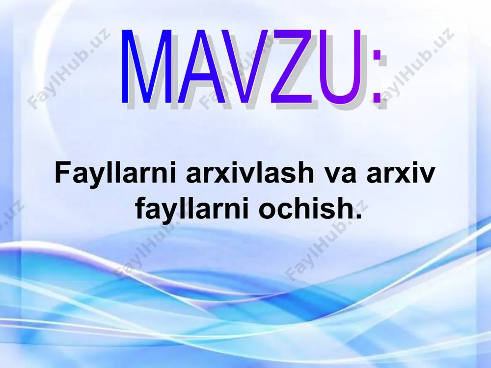 topib, ularning o'rniga boshqa biror ma'lumotni yozish hamda ularning ketma-ketligini aniq ko'rsatishdan iboratdir. bundan ko'rinadiki, turli fayllar uchun ularning siqilganlik darajasi turlicha bo'ladi. masalan, matn yozilgan fayllar 2 martagacha siqilsa, rasmlarni tasvirlovchi fayllar to'rt, hatto besh martagacha siqiladi. dasturlar ifodalangan fayllar esa juda kam—1% ga yaqin siqiladlpafiba-qilib aytganda arxivlash dasturlari fayllar hajmini 1,5-2 barobar qisqartirishga imkon beradi. arxivlash dasturlari qo’llaniladigan matematik usullar, arxivlash, arxivni ochish tezligi va eng asosiysi siqish samaradorligi bilan bir-biridan farq qiladi. arxivlash dasturlaridan yetarli darajada tez va yaxshi ishlaydiganlari pkzip, lharc, arj, rar dasturlaridir. win rar, pkzip, arj arxiv fayl yagona faylga birlashtirilgan bir yoki bir necha faylninj siqilgan holdagi ko'rinishi bo'lib, undan kerakli hollarda fayllarni dastlabk ko'rinishda chiqarib olish mumkin. arxiv fayli undagi fayllar nomlarin ko'rsatuvchi mundarijaga ega bo'ladi. pkzip / pkunzip va arj dasturlari arxiv fayllarining nomlari odatda quyidagi kengaytmalarga ega bo'ladi: zip - pkzip / pkunzip dasturlari arxiv fayllari uchun; arj — arj …