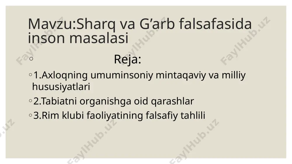 yodgorliklar va konfutsiynnng „aforizm“larini, daosizmni kiritish mumkin. markaziy osiyodagi falsafiy qarashlar qad. turkiy yozuvlar, tangriga eʼtiqod qilish tamoyillarida va zardushtiylikning muqaddas kitobi avestodya oʻz ifodasini topgan. bundan tashqari, sharq xalqlarining tabiatning asosiy unsurlari yer, suv, havo va olovni eʼzozlash haqidagi naturfalsafiy qarashlari va gʻoyalari yaqin va oʻrta sharq mamlakatlariga keng yoyilib qadimgi misr, bobil, lidiya mamlakatlari xalklarining tafakkur tarziga singib ketgan. yunonistonning ilk falsafiy maktabi — milet maktabi ham oʻz gʻoyalarini sharkdan olganligi tadqiqotchilarga maʼlum. miloddan avvalgi 2—1-asrlarda marv, balx, termiz, sigʻnoq, samarkand, buxoro zaminini oʻziga qamrab olgan hududda kushonlar saltanati qaror topib, unda budda dini xukm suradi, uning falsafasi bu joyda yashovchi xalqning tafakkur tarziga oʻz taʼsirini oʻtkazadi. ammo avesto gʻoyalari xalq ongidan butunlay chiqib ketmaydi. milodiy 3-asrga kelib tenglik gʻoyalarini ilgari suruvchi moniylik taʼlimoti paydo boʻldi. bu taʼlimot mazdakiylar harakatinnnt maʼnaviy tayanchi boʻlgan. falsafa xitoy tamadduniga, umuman sharqiy osiyoga sezilarli taʼsir koʻrsatdi. koʻpgina buyuk falsafiy maktablar bahor va …