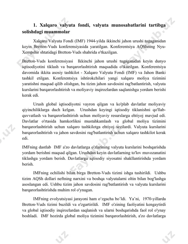 a yordam berish uchun texnik mutaxassislar va maslahatlar taqdim etadi. - davlatlarning iqtisodiy siyosatni amalga oshirish qobiliyatini oshirish uchun institusional quvvatni mustahkamlashga yordam beradi. - iqtisodiy siyosatni shakllantirish uchun kerakli ma'lumotlar va tadqiqotlar taqdim etadi. 4. tahlil va nashrlar: -global iqtisodiyotning holati va istiqbollarini tahlil qiladi va o'zining tahlil va tavsiyalarini nashr qiladi. - dunyo iqtisodiyotining turli ko'rsatkichlarini to'playdi va nashr qiladi. - iqtisodiy siyosat bo'yicha tavsiyalar beradi va ularni nashr qiladi. 5. xalqaro hamkorlik: -global iqtisodiy masalalarni hal qilishda bmt, jahon banki, wto va boshqa xalqaro tashkilotlar bilan hamkorlik qiladi. - a'zo davlatlar bilan hamkorlik qilib, global moliya tizimini barqarorlashtirish va iqtisodiy rivojlanishni qo'llab-quvvatlash bo'yicha sa'y-harakatlarni muvofiqlashtiradi. imf ushbu operatsiyalarni amalga oshirish orqali global moliyaviy tizimni barqarorlashtirish, a'zo davlatlarga iqtisodiy rivojlanishni qo'llab-quvvatlash va dunyo iqtisodiyotini yaxshilashga hissa qo'shadi. albatta, qo'shimcha ma'lumotlar berishga harakat qilaman. xalqaro valyuta fondi (imf)ning faoliyati juda keng qamrovli va murakkab. yuqorida sanab o'tilgan asosiy operatsiyalardan …