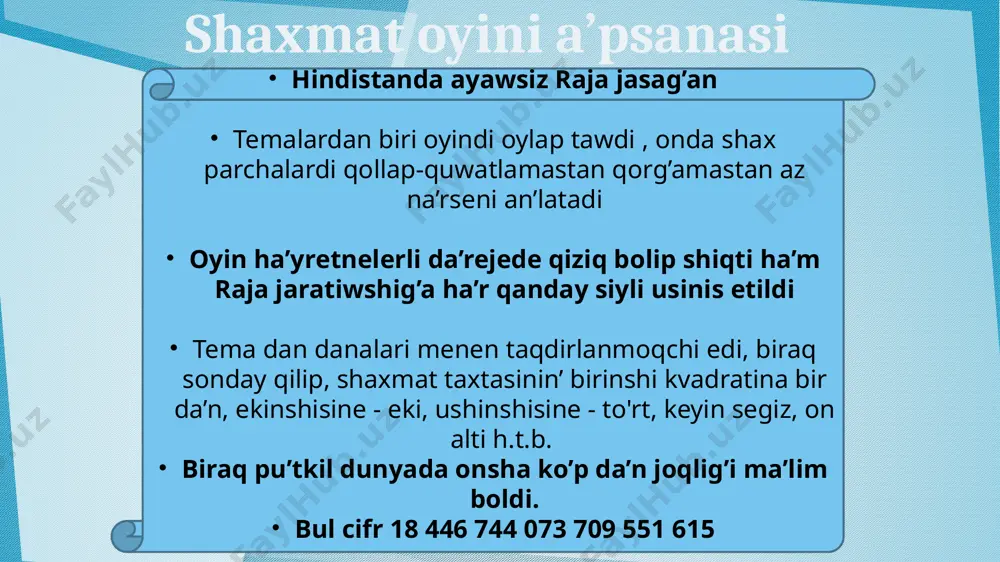 sisteması bar. shaxmat sport túri retinde 100 dana mámlekette tán alınǵan. 1999 jılda xalıq aralıq olimpiada komiteti (xoq) shaxmatti sport túri retinde tán aldı, biraq onı olimpiada oyınları programmasına kiritpedi. fide óziniń shaxmat olimpiadaların ótkeredi. anketa kópshilik shaxmat tariyxı hám oyın qaǵıydaların jaqsı biledi. birinshi hám ámeldegi jáhán chempionı menen tanısıń. shańaraqta kóp adamlar shaxmat oynaydı. kópshilik ataqlı shaxmatshilar kasparova, karpovalardi biledi. meniń tiykarǵı sorawimga: " shaxmat sport tu’ri me ? " kópshilik awa, bul sport. hátte sonday juwap da bar edi, bul aqıl ushın sport. kópshilik shaxmat oynawdı úyreniwdi qálewin bildirdi. soraw nátiyjeleri: juwmaq : men bilip aldım: shaxmat qaǵıydaları mudamı da házirgi sıyaqlı emes edi. shaxmat turaqlı gúres bolıp tabıladı. joytıwdan aman qalıw ushın sizde temir nervlerge ıyelewińiz kerek. biraq siz tekǵana bul jeńiliwden aman qalıwıńız, bálki keyingi oying’a da tayarlaniwin’iz kerek. juwmaq : izertlewimdiń tiykarǵı sorawına juwap bere aldım. shaxmat óziniń dónli tárepleri, jeńis hám jeńiliwleri menen …