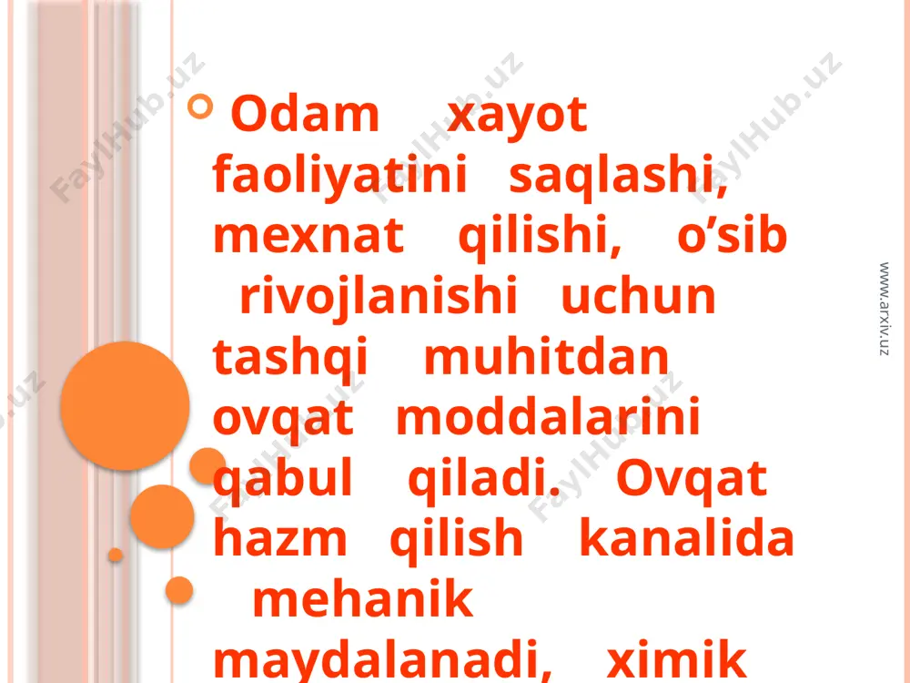 rid kislota shaklanadi . ph - 2,5 teng . www.arxiv.uz oshqozon bezlarida shilliq modda ham ishlab chikariladi . bu modda shillik qavatni turli ximik , mexanik ta’sirlardan saqlaydi . turli ovqat moddalariga turli mikdorda oshqozon shirasi ajraladi . oshqozon shirasining ajralishi nerv - go’moral yo’lda ajraladi . nerv yo’lida shira ajralishi shartli va shartsiz reflekslar asosida bo’ladi ( ovqat ko’rmaganda xidiga ham oshqozon shirasining ajralishini ) . oshqozon shirasining nerv - gumoral yo’lda ajralishida ovqat tarkibidagi moddalar qonga surilgandan so’ng qon orqali oshqozon bezlariga kelib ularning faoliyatini kuchaytiradi . ovqatlangandan 20 – 30 minutdan so’ng oshqozon tulqinsimon qiskarib ovqat oshqozon shirasi bilan aralashadi . katta odamlarga aralash ovqat oshqozonda 3- 4 soatdan so’ng 12 barmoqli ichakka o’tadi . sut va sutli ovqatlar oshqozondan 12 barmokli ichakka tez o’tadi . www.arxiv.uz ingichka ichakda ovqatning xazm bo’lishi ingichka ichakning uzunligi katta odamlarda 6 – 7 m , diametri 2,5-3 sm . ingichka …