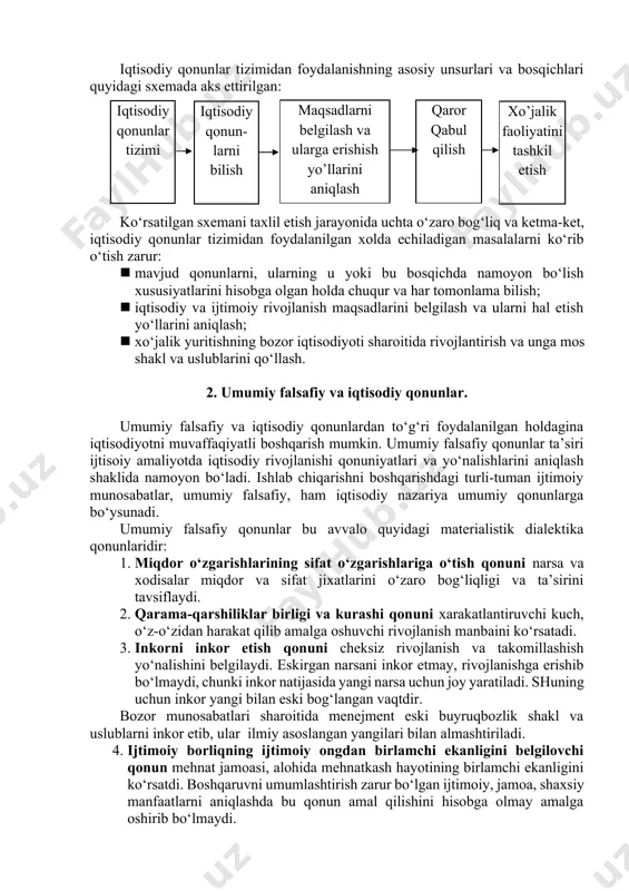 dan ularni o‘rganish bilan bog‘liq. qonunlar qanchalik chuqur o‘rganilsa, ulardan amalda to‘g‘ri foydalanish imkoniyatlari ortadi. lekin boshqaruv qonunlarini bilish ularni aniq amaliyotda muvaffaqiyatli qo‘llash uchun kafolat bo‘lolmaydi. qonunlarni bilishda nazariya amaliyotdan ajralib qolishi foydasizdir. demak, qonunlardan foydalanish ularni bilish, tushunish, amalda o‘z vaqtida va to‘g‘ri qo‘llay olishga bog‘liq ekan. bu boshqaruv samaradorligini oshirishda hal qiluvchi omildir. iqtisodiy qonunlar tizimidan foydalanishning asosiy unsurlari va bosqichlari quyidagi sxemada aks ettirilgan: iqtisodiy qonunlar tizimi iqtisodiy qonun-larni bilish maqsadlarni belgilash va ularga erishish yo’llarini aniqlash qaror qabul qilish xo’jalik faoliyatini tashkil etish ko‘rsatilgan sxemani taxlil etish jarayonida uchta o‘zaro bog‘liq va ketma-ket, iqtisodiy qonunlar tizimidan foydalanilgan xolda echiladigan masalalarni ko‘rib o‘tish zarur: · mavjud qonunlarni, ularning u yoki bu bosqichda namoyon bo‘lish xususiyatlarini hisobga olgan holda chuqur va har tomonlama bilish; · iqtisodiy va ijtimoiy rivojlanish maqsadlarini belgilash va ularni hal etish yo‘llarini aniqlash; · xo‘jalik yuritishning bozor iqtisodiyoti sharoitida rivojlantirish va unga mos …