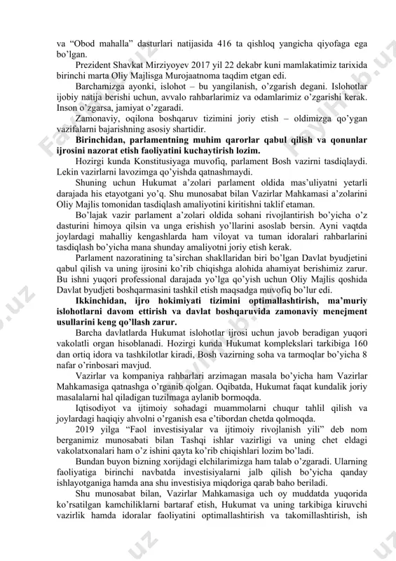 rlandi. shuningdek, 107 ta maktabgacha ta’lim muassasasi rekonstruksiya qilindi va qurildi, 195 ta bog’cha kapital ta’mirlandi. farzandlarimiz tarbiyasida eng asosiy bo’g’in hisoblangan maktabgacha ta’lim tizimining jamiyatimiz hayotidagi katta o’rni va ahamiyatini e’tiborga olib, maktabgacha ta’lim vazirligini tashkil etildi. ushbu sohaning moddiy-texnik bazasini mustahkamlashimiz, jumladan, yaqin 3-4 yilda barcha hududlarda minglab yangi bog’chalar qurishimiz, ta’lim-tarbiya sifati va darajasini yangi bosqichga ko’tarishimiz lozim. ko’plab ota-onalar, o’qituvchi va o’quvchilar hamda keng jamoatchilik tomonidan bildirilgan takliflar asosida yurtimizda 11 yillik ta’lim qayta tiklandi. joylardagi o’qituvchilarga bo’lgan ehtiyojni qoplash uchun toshkent viloyatida chirchiq davlat pedagogika instituti tashkil etildi. bundan tashqari, 15 ta oliy ta’lim muassasasida tashkil etilgan maxsus sirtqi bo’limlarda o’rta maxsus ma’lumotga ega bo’lgan 5 mingdan ortiq pedagoglar uchun oliy ma’lumot olish imkoniyati yaratildi. ta’lim tizimidagi innovasiya va kreativ yondashuvlar asosida muhammad xorazmiy va mirzo ulug’bek nomlari bilan ataladigan, aniq fanlar chuqur o’qitiladigan maxsus maktablar tashkil etildi. oliy ta’lim tizimini yanada takomillashtirish borasida ham …