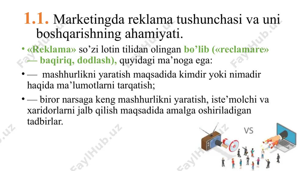 nihoyat, uchinchisi, ya’ni matn materiali ishonarli, qisqa va lo’nda bo’lib, yangilik elementiga ega bo’lishi kerak. reklama murojaatini yaratish san’ati iloji boricha kattaroq miqyoslarda maqsadli bozorning e’tiborini jalb qilish va ularning qiziqishini uyg’otishdan iborat. murojaatning uslubi hayot tarzi, fantaziya elementlari, musiqa, simvolik personaj, ilmiy dalillar va boshqa shakllarda bo’lishi mumkin. reklamali ta’sirning faol dasturi tovarning ishlab chiqaruvchidan iste’molchiga tomon bo’lgan yo’lining boshidan oxirigacha mavjud bo’lishi kerak. reklama vositalaridan foydalanishni bilmaganda, bozorga faol ta’sir etish imkoniyati, sotish bozorlari uchun raqobatli kurashda o’ziga muvaffaqiyatni ta’minlash imkoniyati keskin kamayib boradi. reklama iste’molchilar uchun savdo va boshqa korxonalarni, tovar va xizmatlarni erkin tanlash imkoniyatini yaratishi kerak. chakana savdodagi reklamani qo’llash joyiga, vazifasiga texnikaviy vositalarni qo’llash va ulardan foydalanish uslublariga qarab bir-biridan farq qiladi. qo’llanish joyiga ko’ra reklamalar do’konga kiruvchi xaridorlarga mo’ljallangan do’kon ichidagi va butun aholiga qaratilgan do’kon to’g’risidagi turlarga bo’linadi. vazifasiga ko’ra reklama vositalari aholining muayyan kategoriyalari va guruhlariga (maktab o’quvchilari va ularning ota-onalariga, …