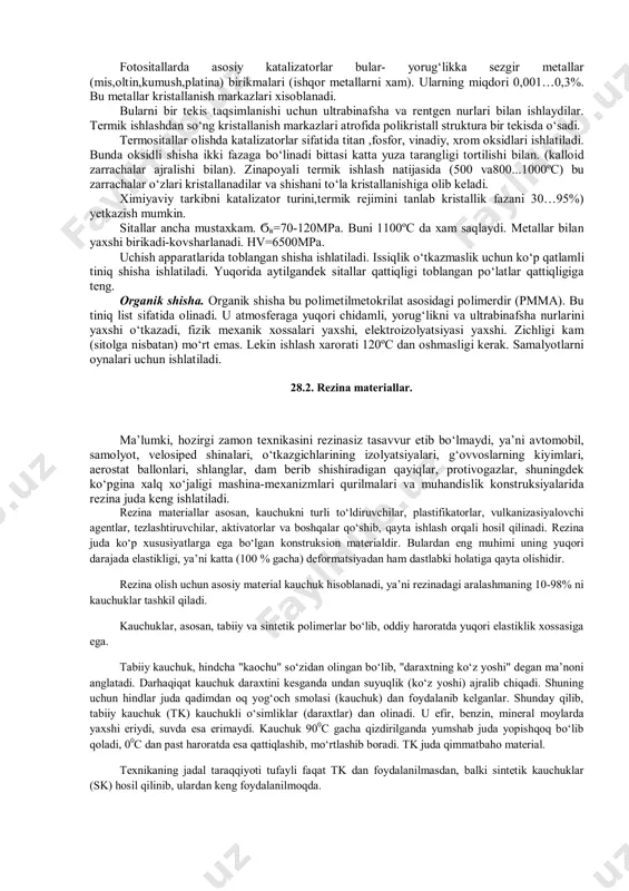 a) b) 28.1-rasm. shishaning kristall tuzilishi sxemasi. a) kvartsli; b) ishqorli. eng ko‘p tarqalgan tizim na2o-cao-sio2. bunga al2o3 va mgo qo‘shiladi. kvarsli shisha tabiy yoki sintetik shishani eritish bilan olinadi. texnikaviy shisha asosida- alyumin bor-silikat tizimidagi shisha xosil qiluvchi yotadi. modifikatorlarning tarkibiga qarab shishalar ishqorli (h2o k2o cao lar 15%gacha) “ishqorsiz”(ishqor medifikatorlar 5%gacha) va kvarsli bo‘ladilar. texnika va aviatsiyada ko‘p ishlatiladigan kam ishqorli al2o3-b2o3-sio2 tizimidagi yuqori sifatli shishadir. vazifasiga qarab optik,labaratoriya uchun, elektrotexnik, transport, pribor, ximoya, issiq- tovush o‘tkazmaydigan, svetotexnik, shisha tolali va x.k. organik emas shishalar zichligi 2200 kg/m3dan 8000 kg/m3 gacha bo‘ladi. yorug‘lik o‘tkazish qobiliyati 92%. ximiyaviy va gidrolitik xossalari –turg‘unligi yuqori (fosfor kislotadan tashqari). toblangan shisha qirralari va uchlari urilishlarga “sezgir”. bunda quyuq darz chiziqlar bilan qoplanadi. agar ikki list orasiga tiniq polimer plyonka yelimlansa,shisha singanda xam sochilib ketmaydi:masalan, avtomobilning peshona oynasi. kvarsli shishalar kosmik kemalarda va juda tez uchuvchi samalyotlarda ishlatiladi. uchish apparatlari uchun toblangan maxsus …