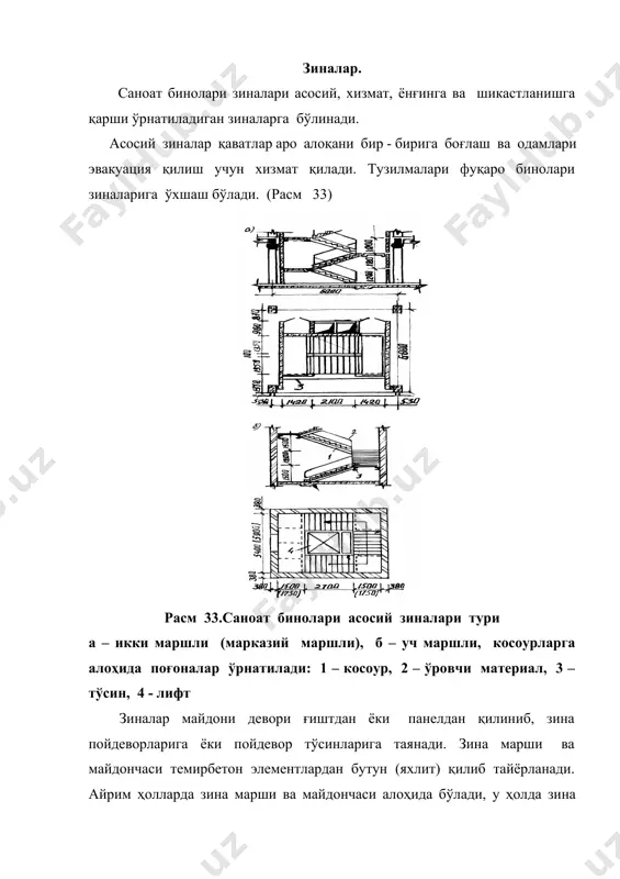 ва ундан ошиқ бўлган биноларда ўрнатилади. баландлиги 10 – 30 м бўлса ёнғинга қарши зиналар вертикал ҳолатда, агар 30 м ошса 800 қияликда қўйилади ва унинг оралиқ майдончалари бўлади. вертикал зиналар эни 600 мм, маршлар - 700 мм бўлади. бино периметри бўйлаб зиналар орасидаги масофа камида 200 м олинади. зиналар деворларга ёки бино каркасига баландлиги ҳар 2,4 – 3,6 м да жойлашган бурчакдан қилинган анкерлар билан маҳкамланади. шикастланишга қарши зиналар шикастланиш (авария) ёки ёнғин вақтида одамларни бинодан эвакуация қилишга хизмат қилади. шикастланишга қарши зиналарнинг марши эни камида 700 мм, қиялиги 1:1 ва ўрамаси баландлиги 800 мм бўлади. пардадеворлар. биноларда пардадеворлар сони мумкин қадар кам бўлишга эришиш керак, чунки улар табиий ёруғликни ва ҳаво алмашувини қийинлаштиради, ҳамда бинони универсаллик даражасини камайтиради. пардадеворлар мустаҳкам, бикир, ўрнатилиши индустриал бўлиши, ёнғинга чидамли ва иқтисодий талабларга жавоб бериш керак. хоналарнинг функционал жараёнига қараб пардадеворлар ўровчи ва ажратувчига бўлинади. уровчи пардадеворлар асбоб - ускуналар омборларига, оралиқ …